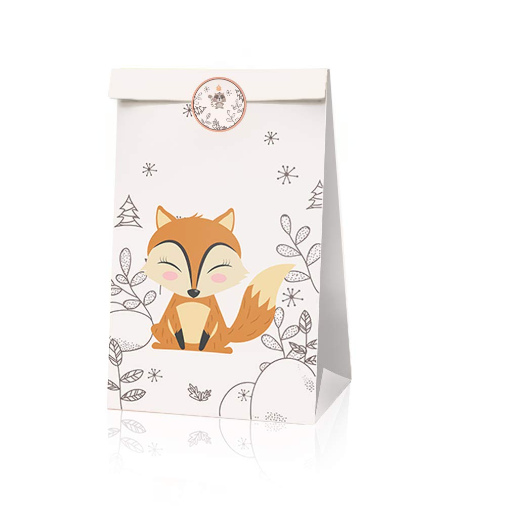 24pcs Forest Animals Party Favor Bags - Fox, Raccoon & Woodland Theme Paper Gift Bags with 36pcs Animal Stickers for Kids Birthday Party Favors, Baby Shower & School Events