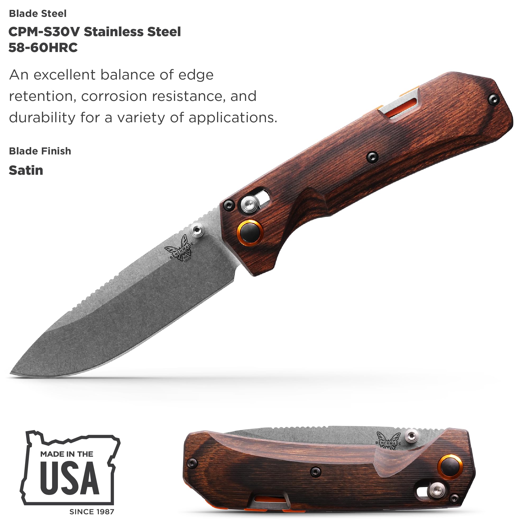 Benchmade Grizzly Creek 15062 EDC Folding Knife with Wood Handle - Outdoor Camping, Hunting & Everyday Carry Pocket Knife