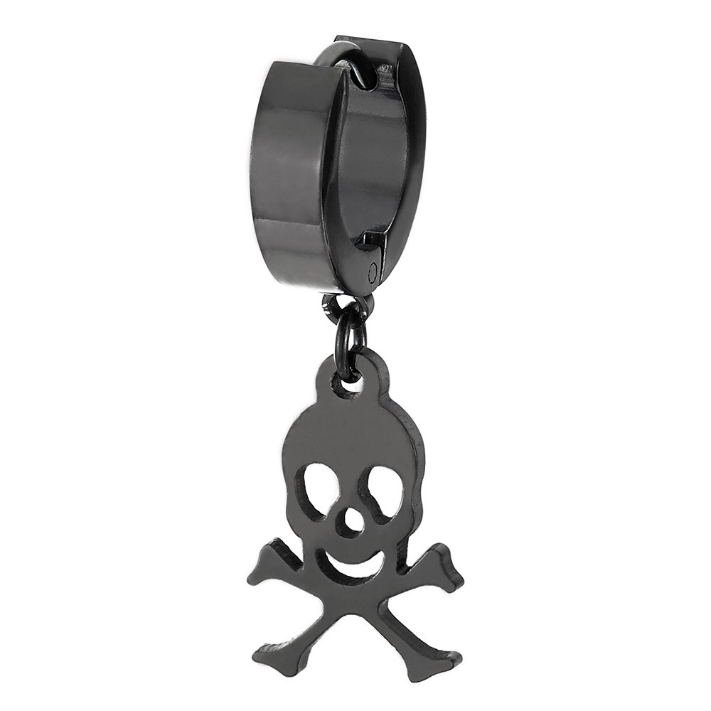 Black Stainless Steel Huggie Hoop Earrings for Men & Women - Pirate Skull Dangle Design - Perfect for Halloween, Costume Parties & Gothic Fashion Accessories