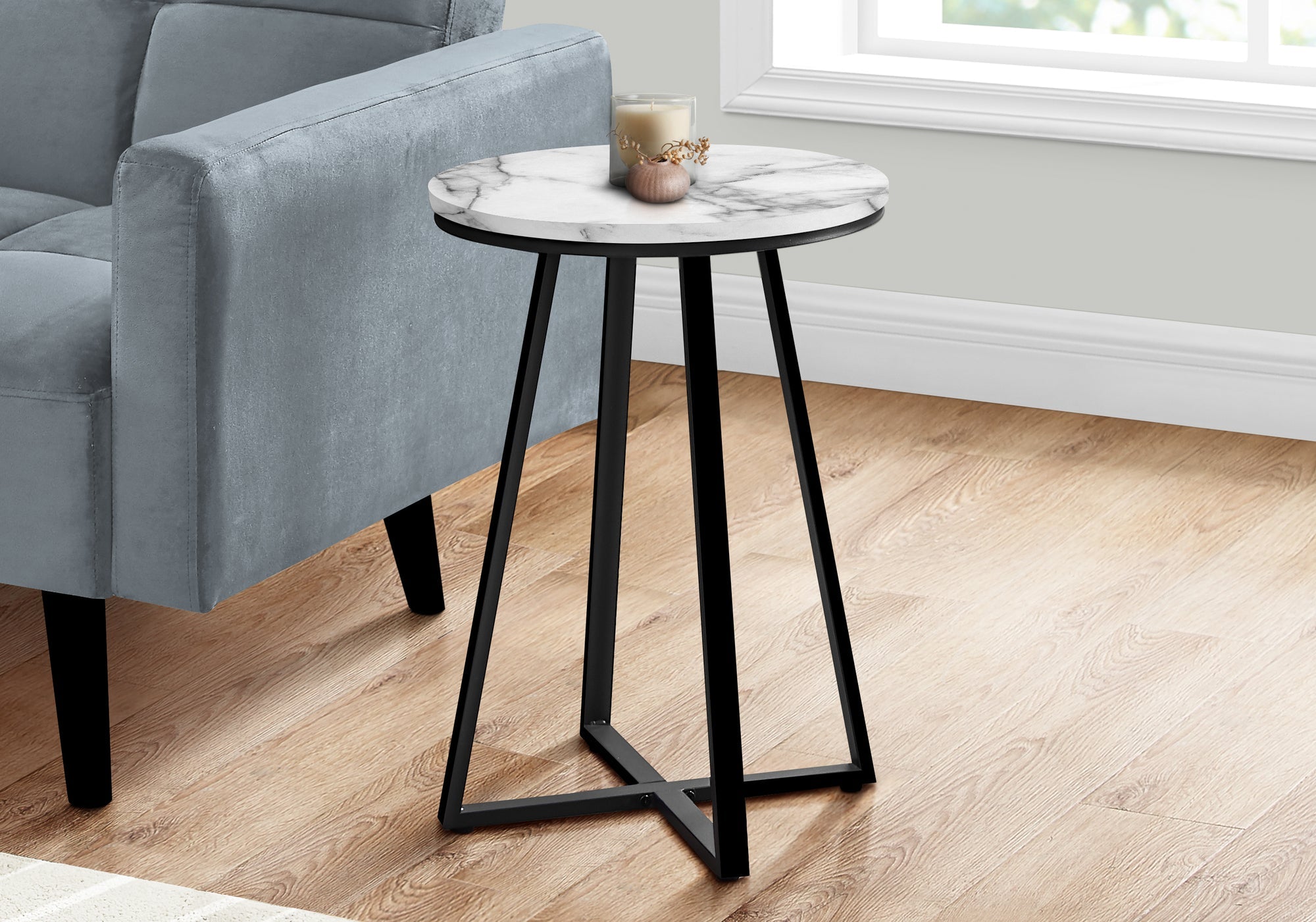 Modern Accent Table - 22 Inch Height, White Marble Top with Black Metal Base - Perfect for Living Room, Bedroom, or Entryway Decor