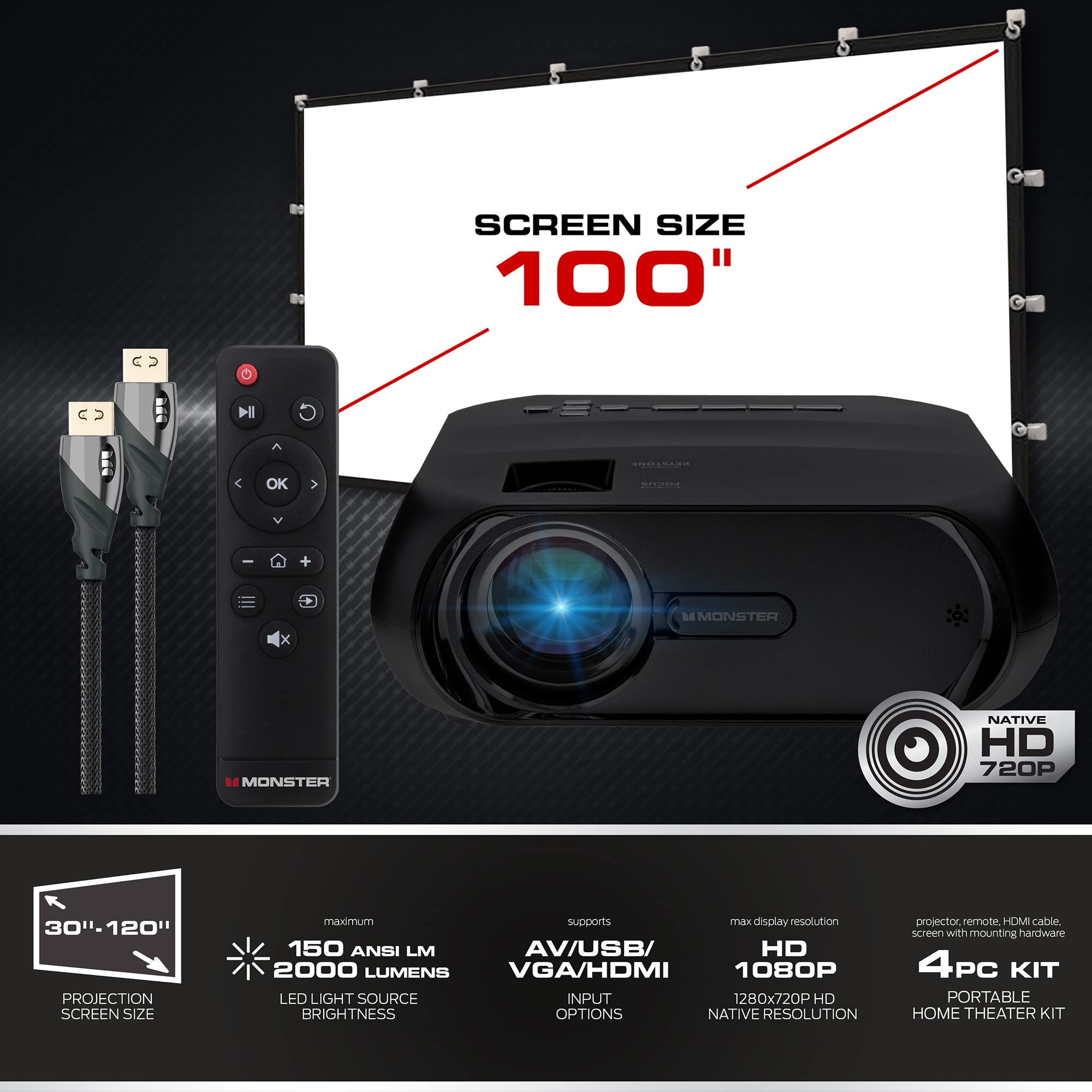 Monster Image Pro 720 HD Projector - 2000 Lumens Bright LCD Projector with 1080p Support | 16ft Projection | HDMI/USB/AV/SD Inputs | Home Theater, Outdoor Movies & Office Presentations