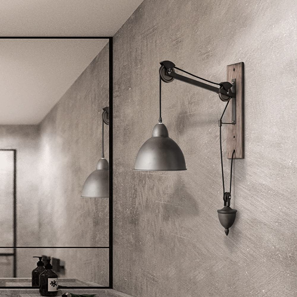 Vintage Industrial Wall Sconce - Adjustable Pulley Lift Wall Lamp with Iron Art Design for Bedroom, Loft, Bar & Reading Nook | Rustic American Farmhouse Lighting Fixture | Perfect for Bedside, Study & Creative Spaces