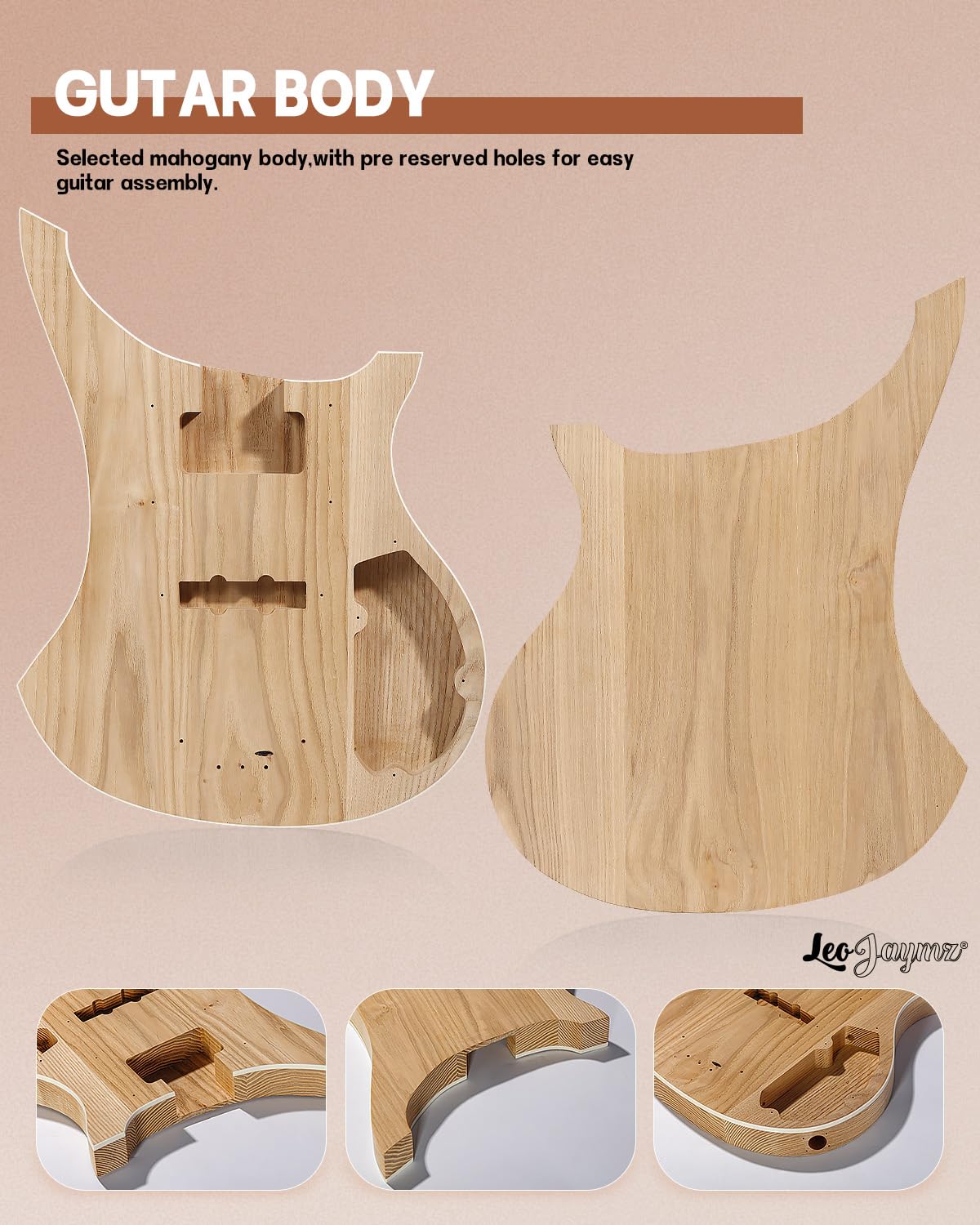 Leo Jaymz DIY Electric Bass Guitar Kit - Roasted Ash Body, Maple Neck & Laurel Fingerboard - All Parts Included - Perfect for Beginners, Home Studio & DIY Music Projects