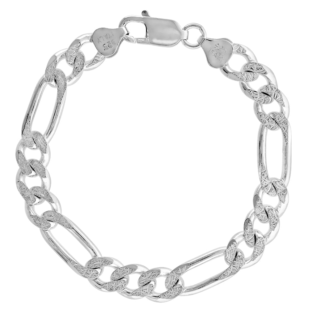Sterling Silver Figaro Link Chain Necklace & Bracelet Set - 8mm Pave Diamond Cut, Nickel Free, Made in Italy (7-30 Inch) - Perfect for Gifts, Weddings, and Everyday Elegance
