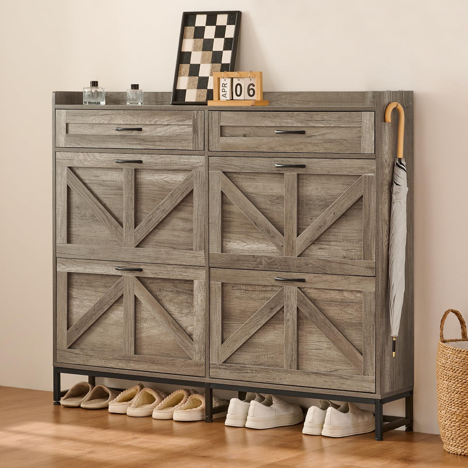 Farmhouse Shoe Cabinet with 4 Flip Drawers & 2 Storage Compartments - Free Standing Entryway Shoe Organizer with Metal Legs in Light Rustic Oak Finish | Perfect for Small Spaces, Mudrooms, and Closet Organization