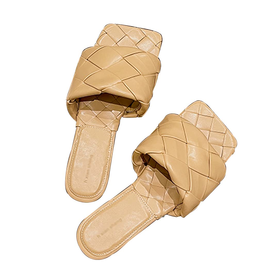 Women's Square Toe Sandals - Breathable Open Weave Slip On Summer Slippers - Casual Flat Sandals for Women - Comfortable Vacation Essentials (Khaki, Size EUR39) | Perfect for Beach, Poolside & Summer Outings