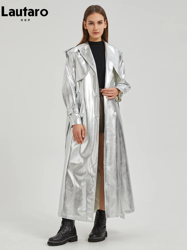 2024 Women's Extra Long Gold Shiny Patent PU Leather Trench Coat - Single Breasted Luxury Designer Overcoat for Fall & Winter | Perfect for Office Wear, Evening Events & Fashion Outings