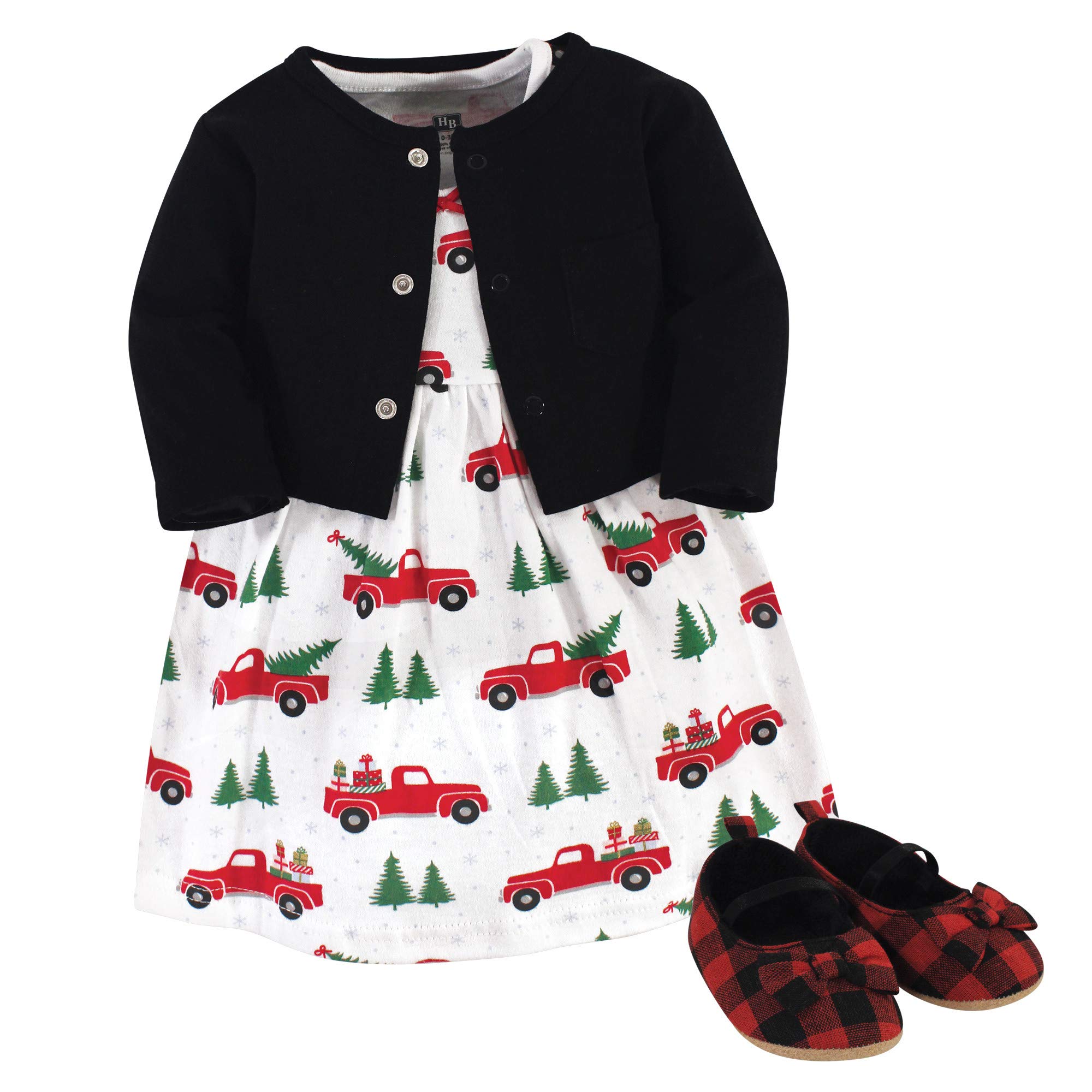 Hudson Baby Girls' Cotton Dress, Cardigan & Shoe Set - Soft Outfit for Newborns & Infants - Perfect for Baby Showers, Photo Shoots & Special Occasions