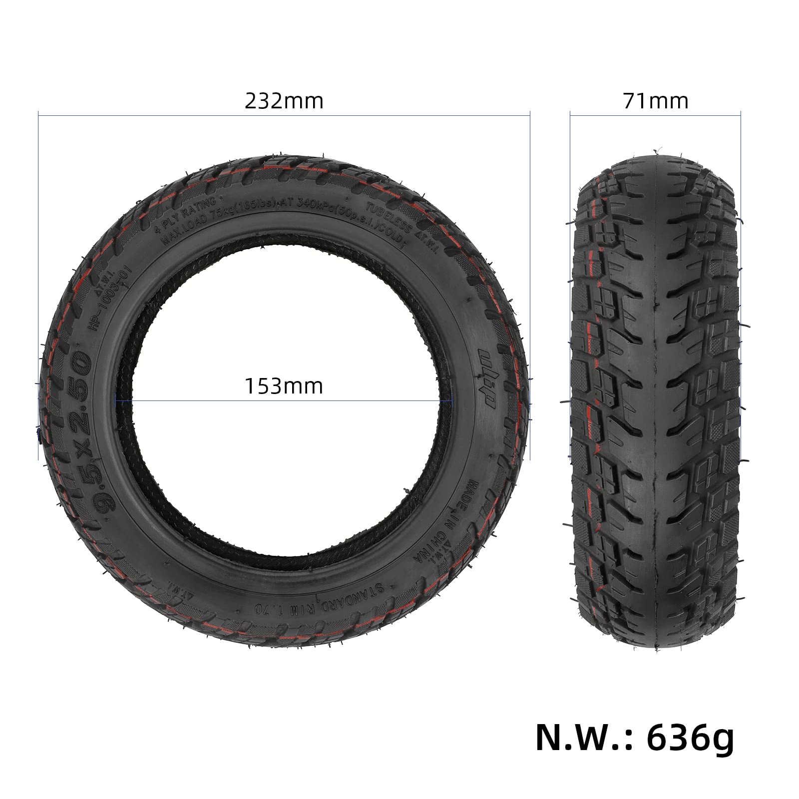 9.5 x 2.5 Inch Rubber Explosion-Proof Tubeless Tire with Straight Nozzle - Replacement for NIU KQi3 Sport/Pro/Max Electric Scooter - Perfect for Urban Commuting & Off-Road Adventures