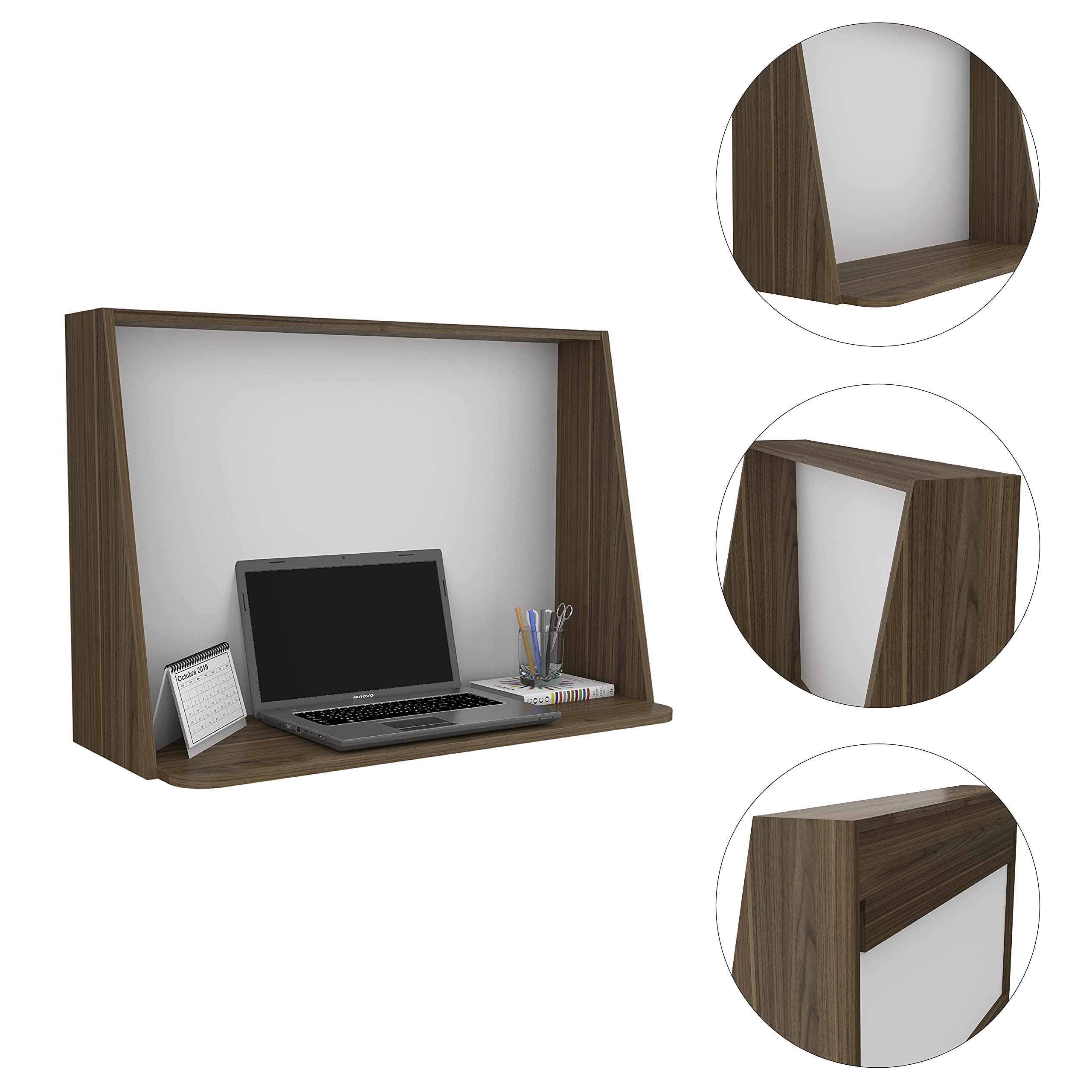 Vasco Wall Mounted Floating Desk with Shelf - Solid Mahogany or White Finish - Perfect for Home Office, Small Spaces & Dorm Rooms