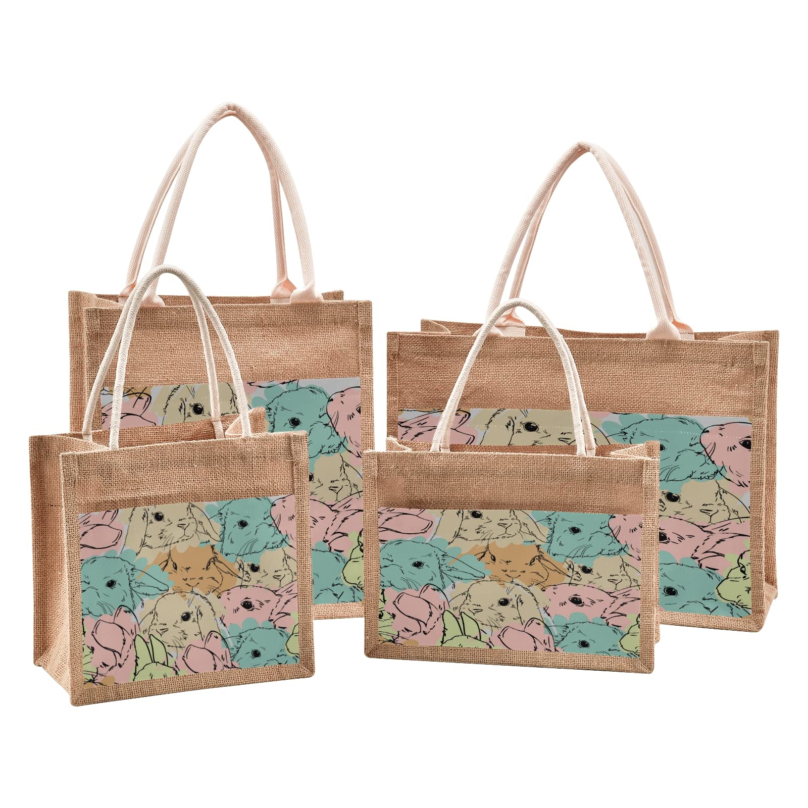 Easter Bunny Tote Bag - Watercolor Rabbit Jute Handbag for Grocery Shopping & Beach