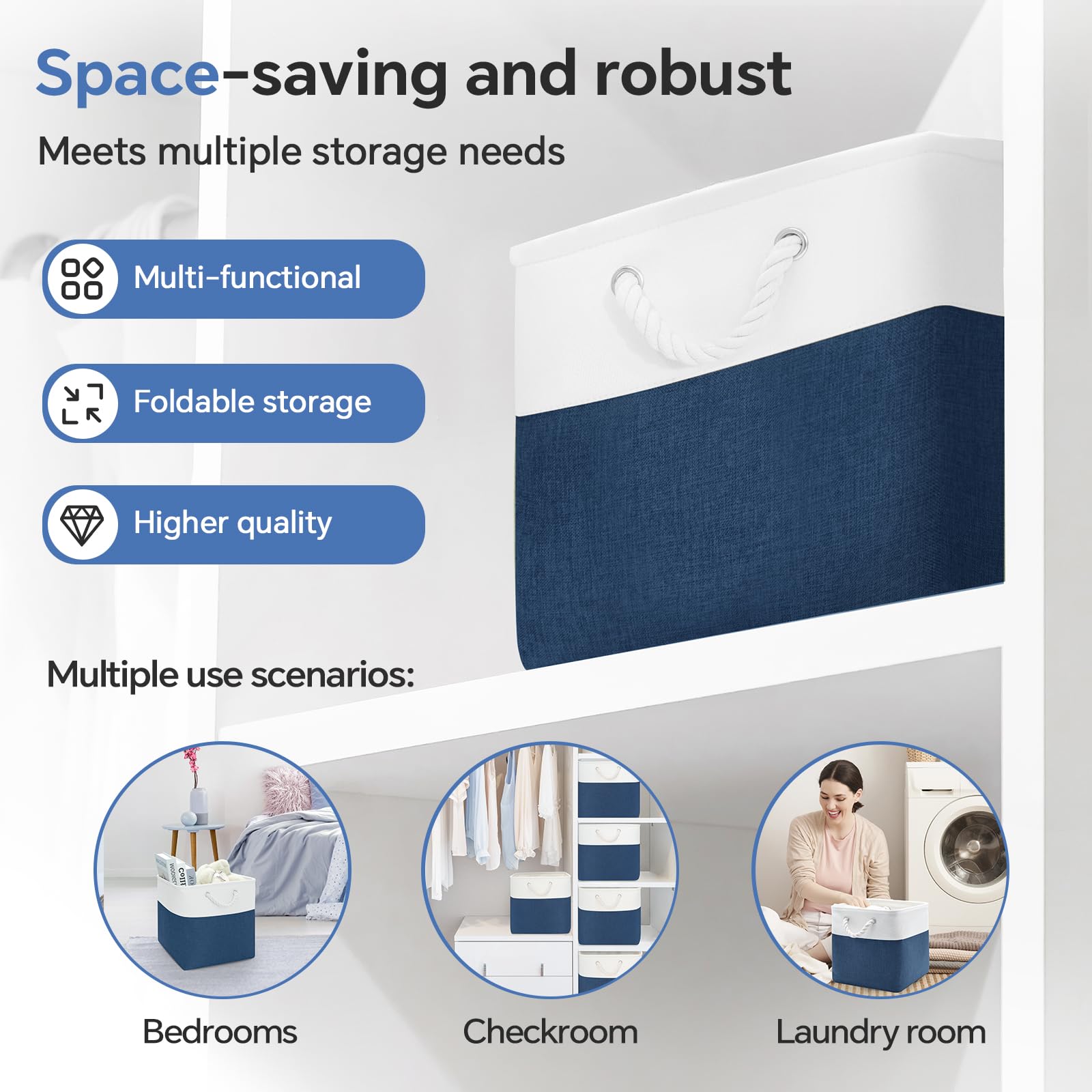 13 x 13 Inch Cube Storage Bins, 6 Pack Fabric Storage Cubes with Handles - Foldable Organizer for Shelves, Closet, Toys, Books, Clothes & Laundry - Perfect for Home, Office & Nursery Organization (White & Navy Blue)