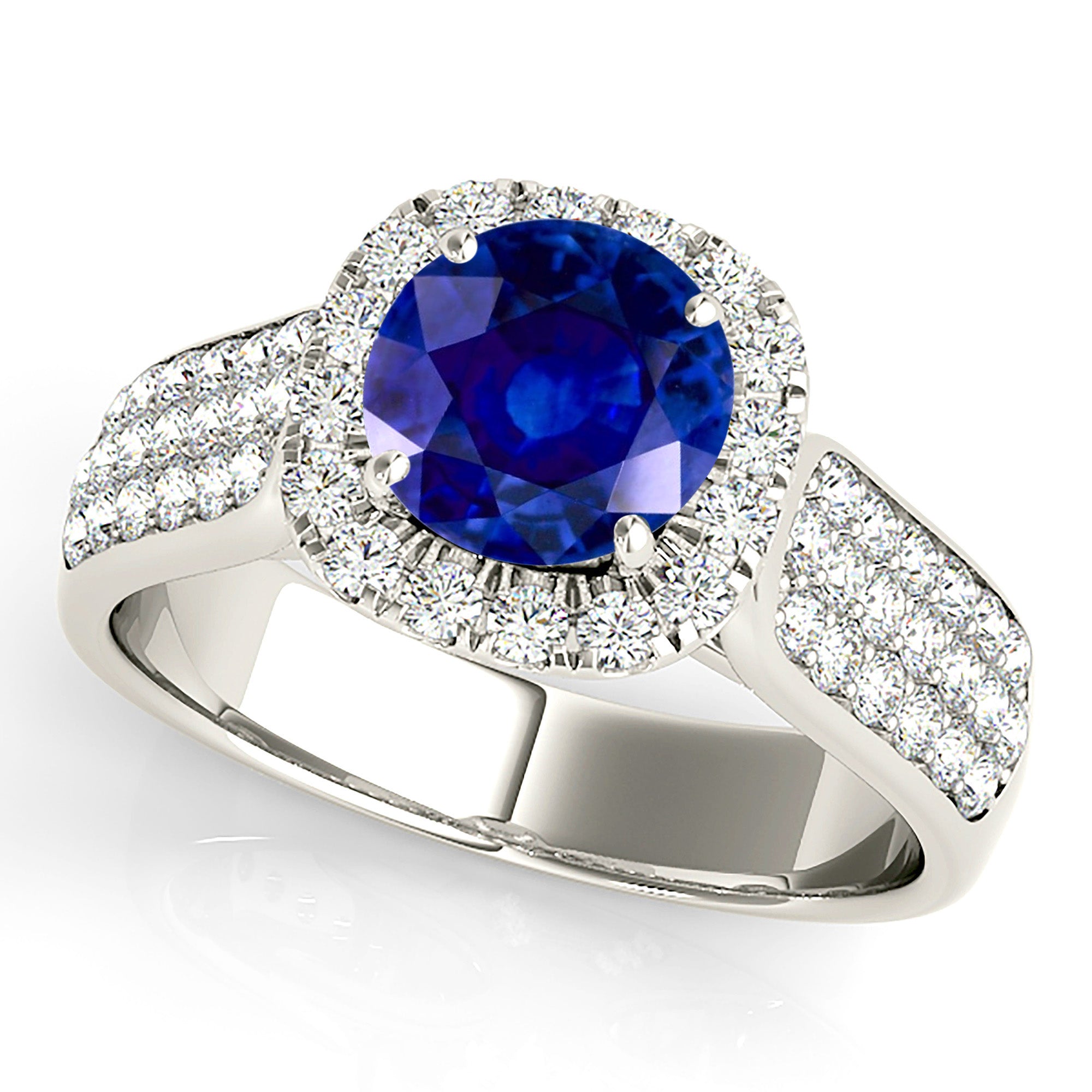 1.35 Carat Genuine Blue Round Sapphire Engagement Ring - Cushion Halo Setting for Women - Perfect for Weddings, Anniversaries & Special Occasions