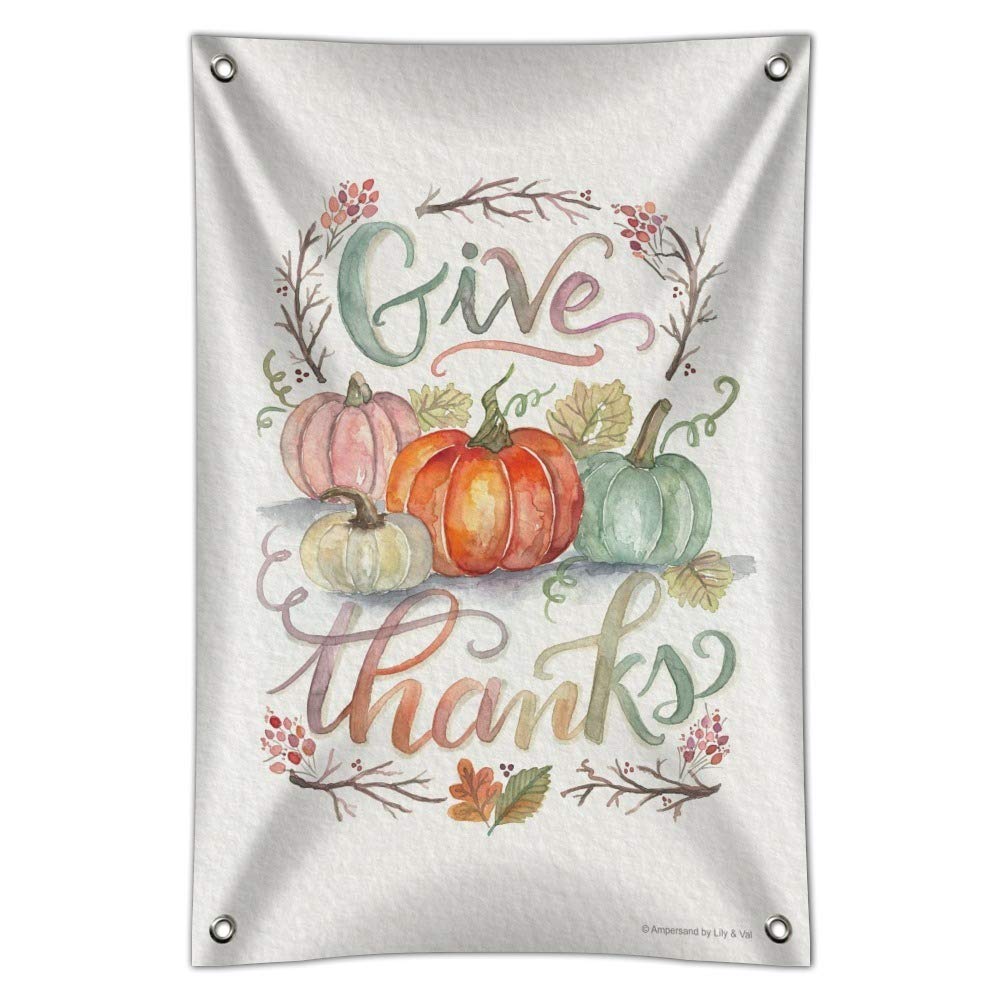 Give Thanks Watercolor Pumpkins Thanksgiving Sign - Rustic Home Decor, Office Wall Art, Fall Holiday Decoration for Business & Housewarming Gifts