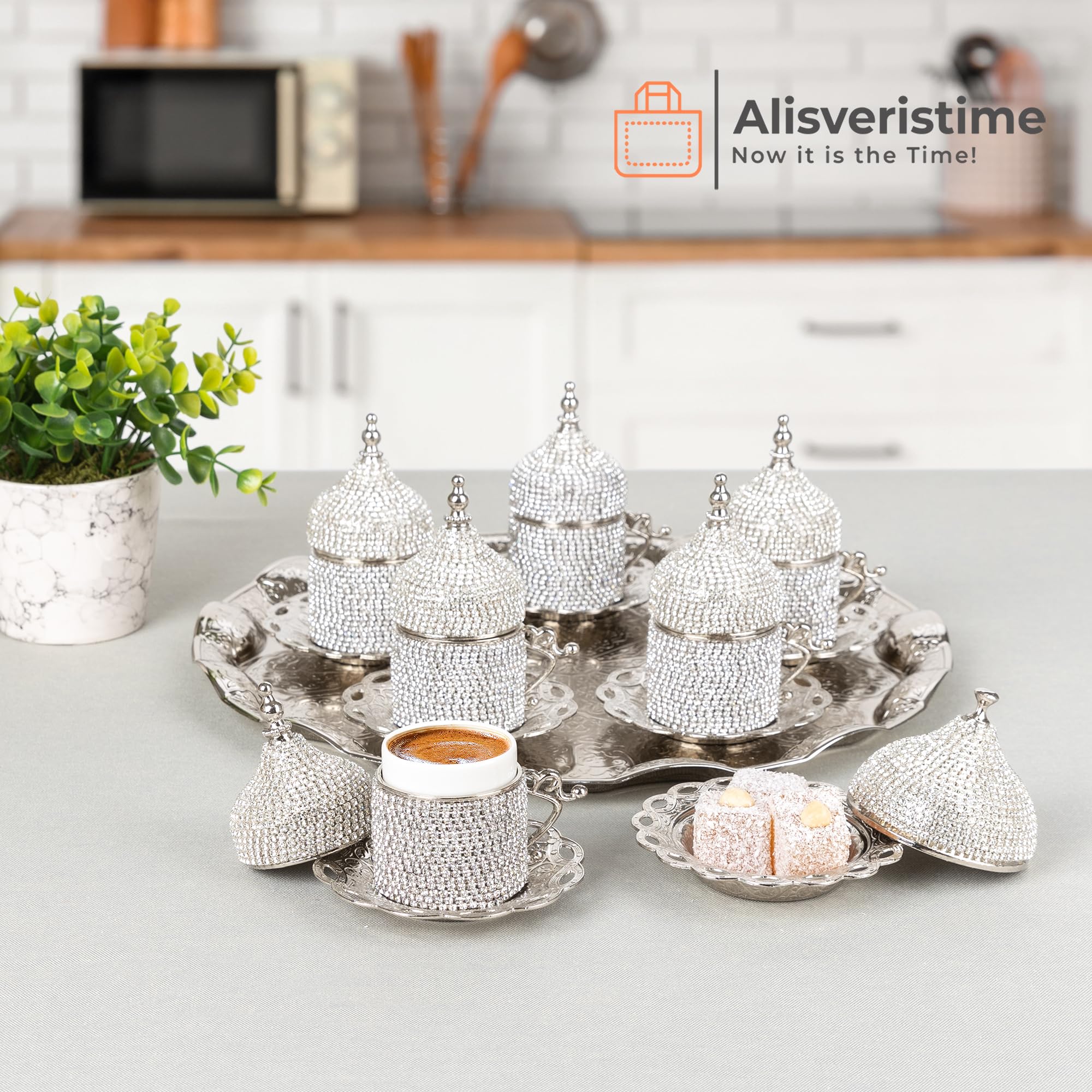 Turkish Coffee Set - 27-Piece Crystal Embellished Zamac Espresso Cups, Saucers & Sugar Bowl with Tray - Silver, Gold & Bronze Color Options - Perfect for Home Entertaining, Gifts & Traditional Coffee Ceremonies