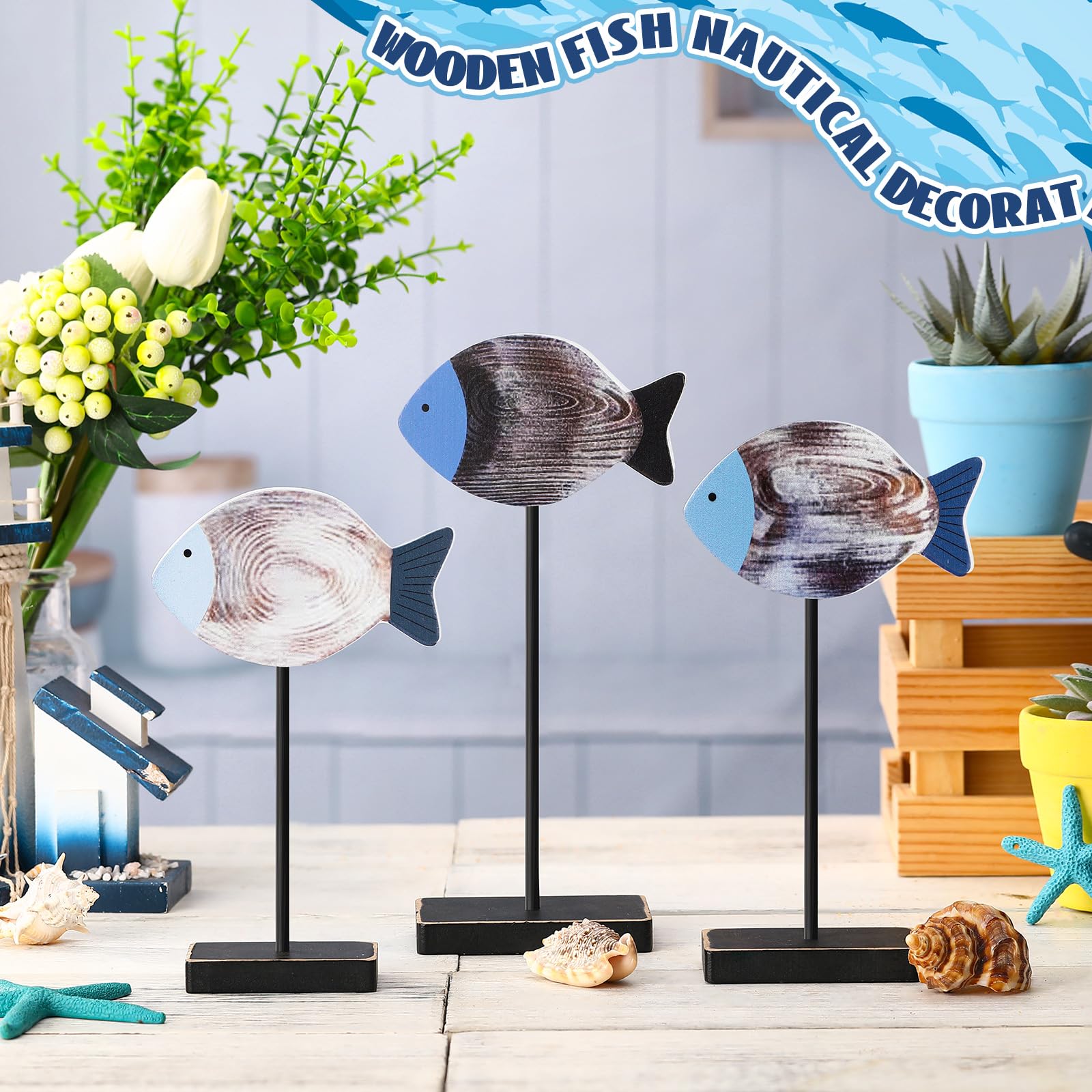 3 Pcs Wooden Sea Fish Table Decor - Coastal Beach House & Farmhouse Style Rustic Wood Fish Ornaments for Summer - Perfect for Home, Office, Bedroom, Shelf & Desk Decor - Great for Coastal Theme Parties & Vacation Home Styling