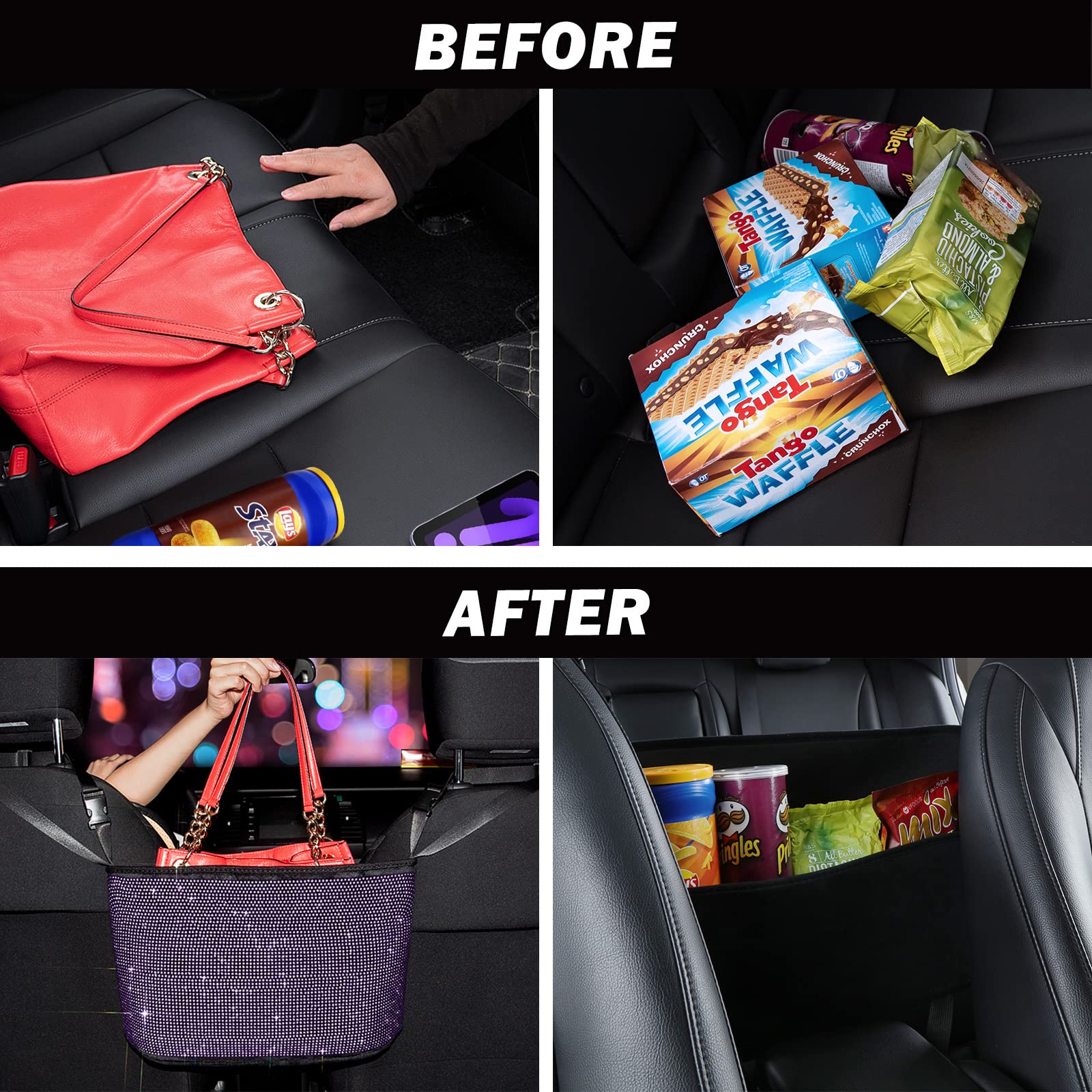 Sparkling Crystal Car Organizer & Purse Holder with Bling Diamonds - Seat Back Storage Net for Women, Pet Barrier for Dogs & Kids - Purple | Perfect for Road Trips, Daily Commutes & Keeping Car Organized