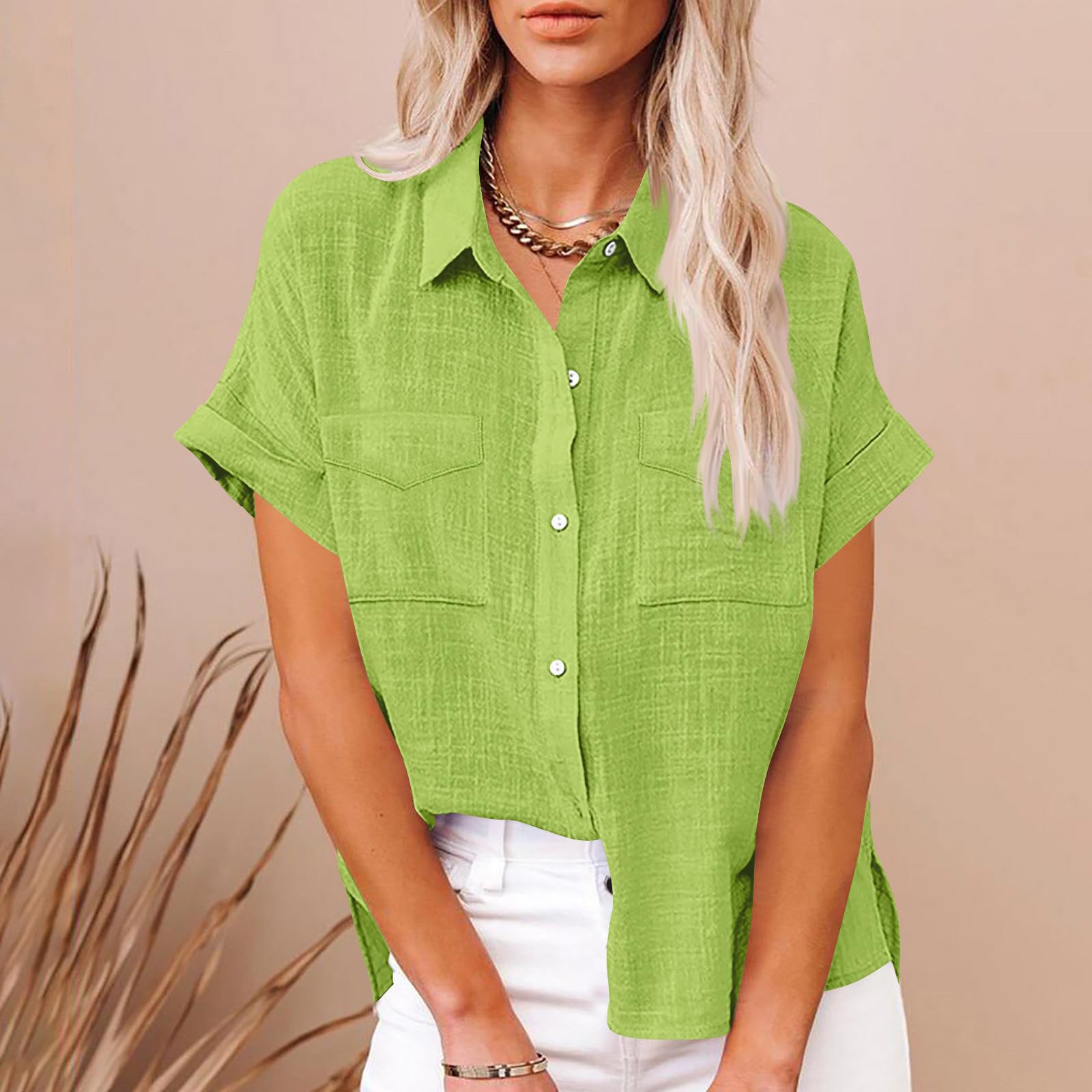 Women's Linen Button Down Shirt - Short Sleeve Roll Up Blouse with Loose Collar | Summer Casual Top for Work, Travel & Outdoor Activities
