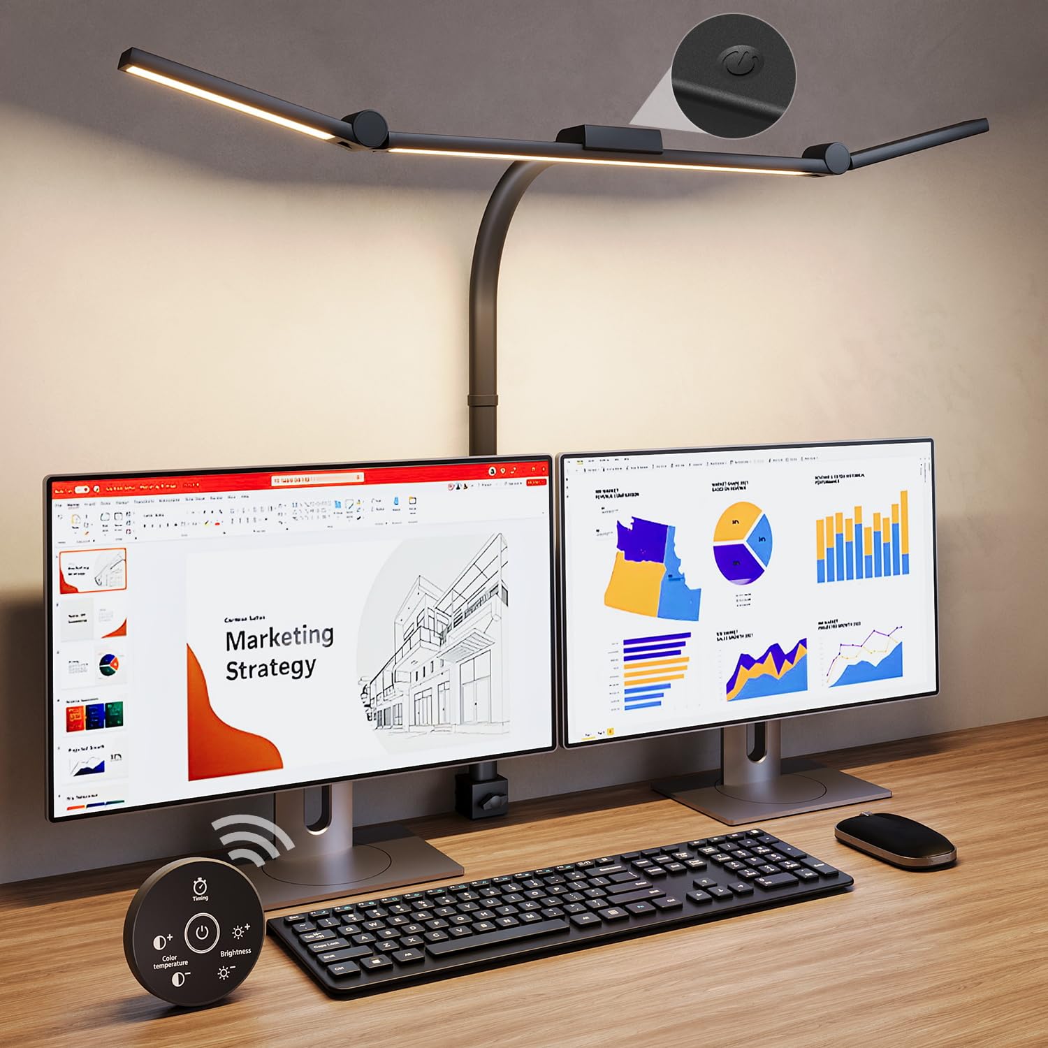 24W LED Desk Lamp with Remote - Adjustable Double Head Architect Lamp, Flexible Gooseneck & Clamp, 5 Color Modes, Eye-Caring Light for Home Office, Computer Work, Drafting & Reading