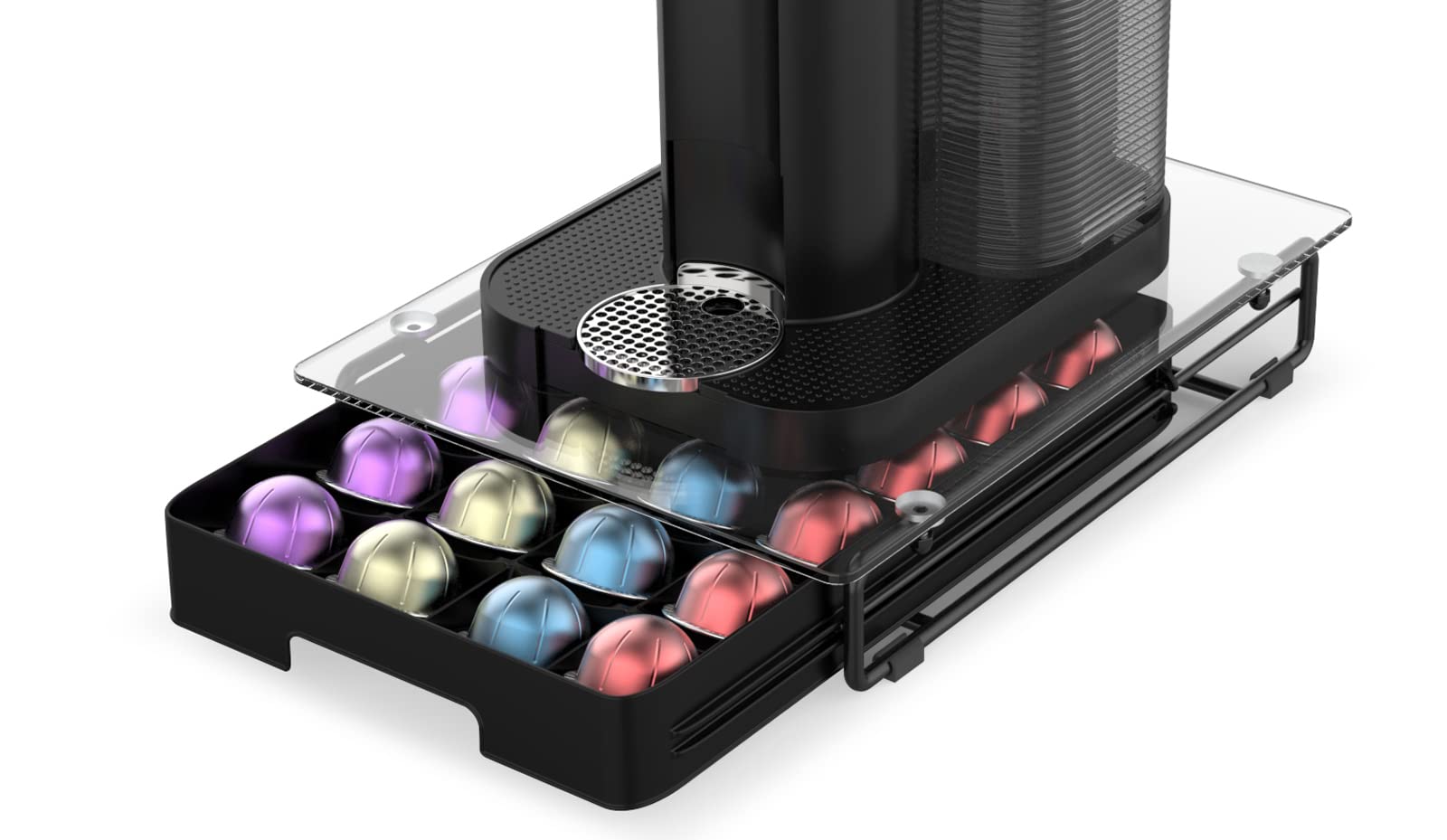 EVERIE 3-Inch Slim Crystal Clear Tempered Glass Drawer Organizer for Nespresso Vertuo Capsules - Holds 24 VertuoLine Coffee Pods - Perfect for Kitchen Countertop & Coffee Station Organization (Model NP06)