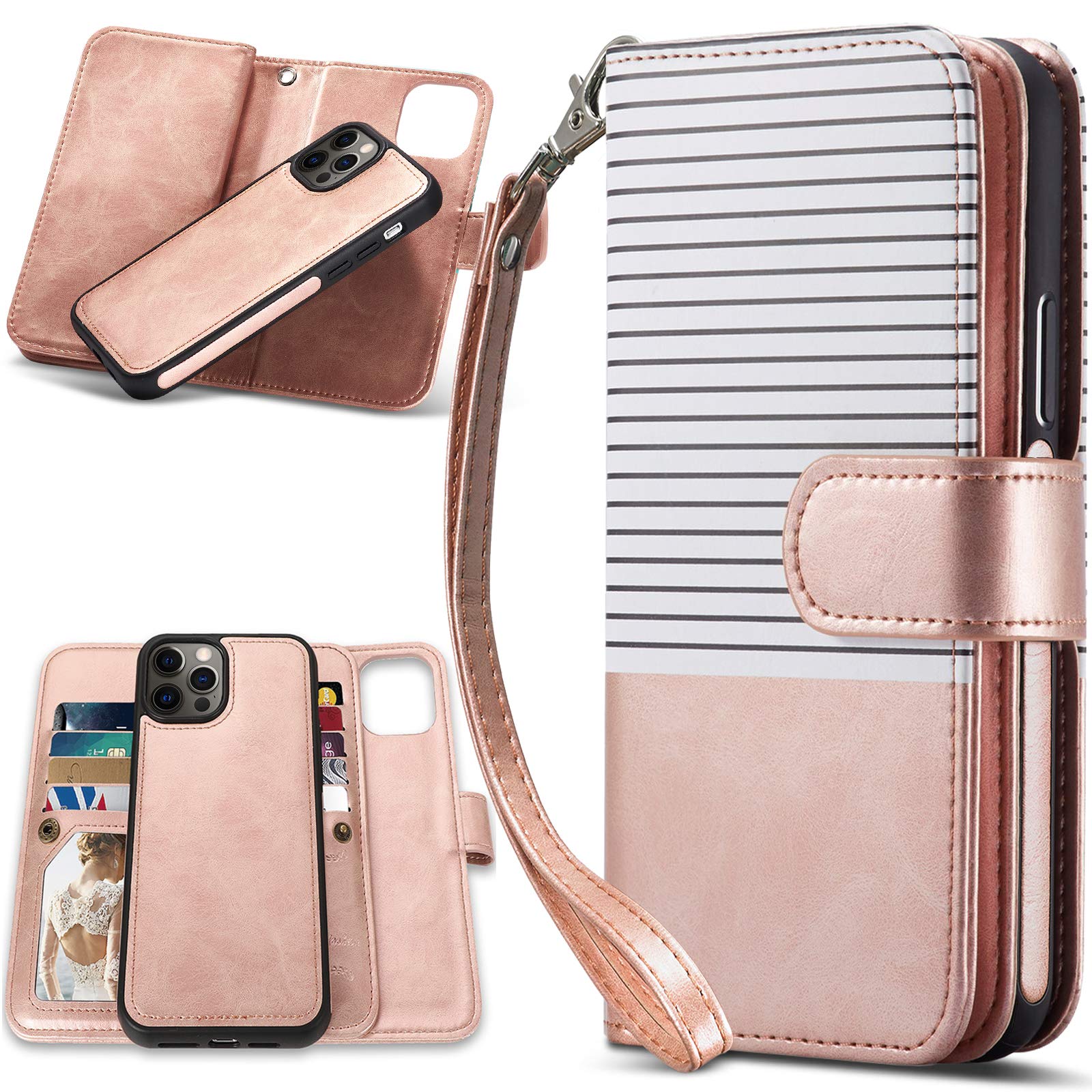 CASEOWL Magnetic Detachable Leather Wallet Case for iPhone 13 Pro - RFID Blocking Flip Cover with 9 Card Slots & Wrist Strap, Full Body Protection (Pink) | Perfect for Women's Daily Use, Travel, Shopping and Business Meetings