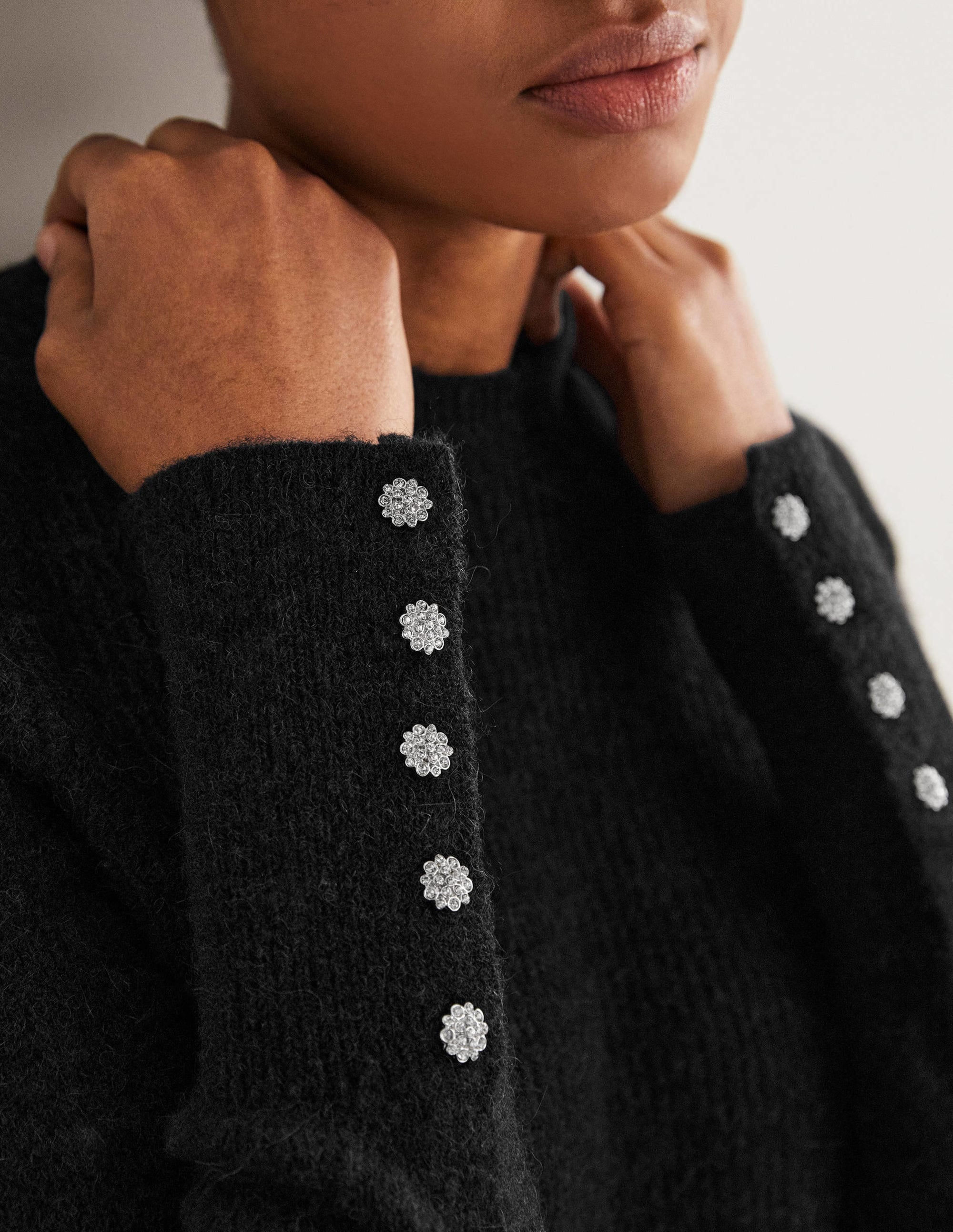 Black Jewel Button Fluffy Sweater for Women - Cozy Knit Cardigan with Rhinestone Buttons - Perfect for Winter, Fall & Casual Outfits
