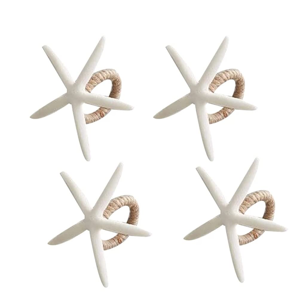 4pcs Handmade Linen Rope Napkin Rings - Sea Star Design Napkin Holders for Table Decor (White) - Perfect for Beach Weddings, Coastal Dining & Summer Party Table Settings