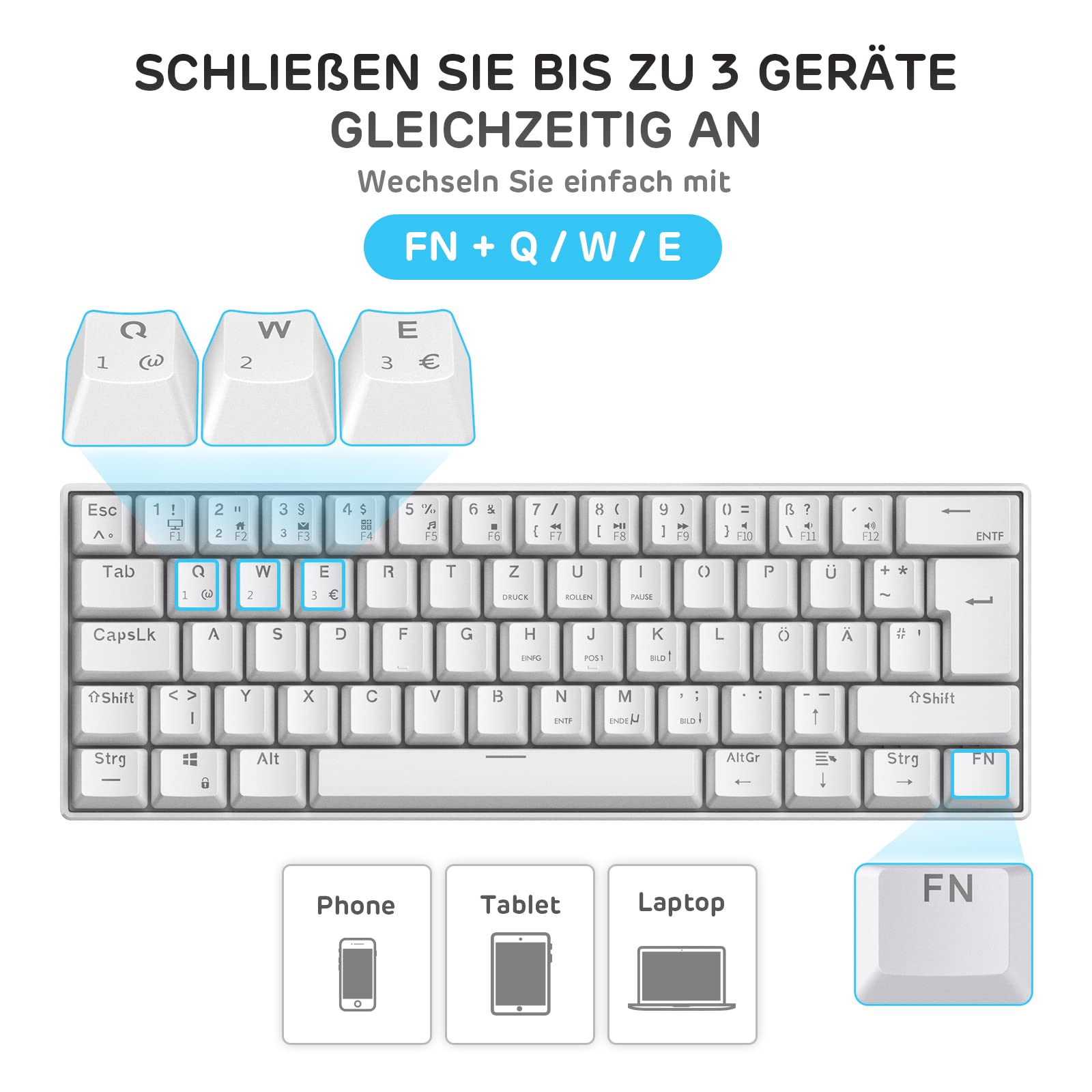 RK ROYAL KLUDGE RK61-DE 60% Wireless Mechanical Gaming Keyboard - Bluetooth/2.4GHz/USB-C Wired, Hot-Swappable Blue Switches, 61 Keys, White, QWERTZ German Layout for Windows & Mac - Perfect for Gaming, Office Work & Programming