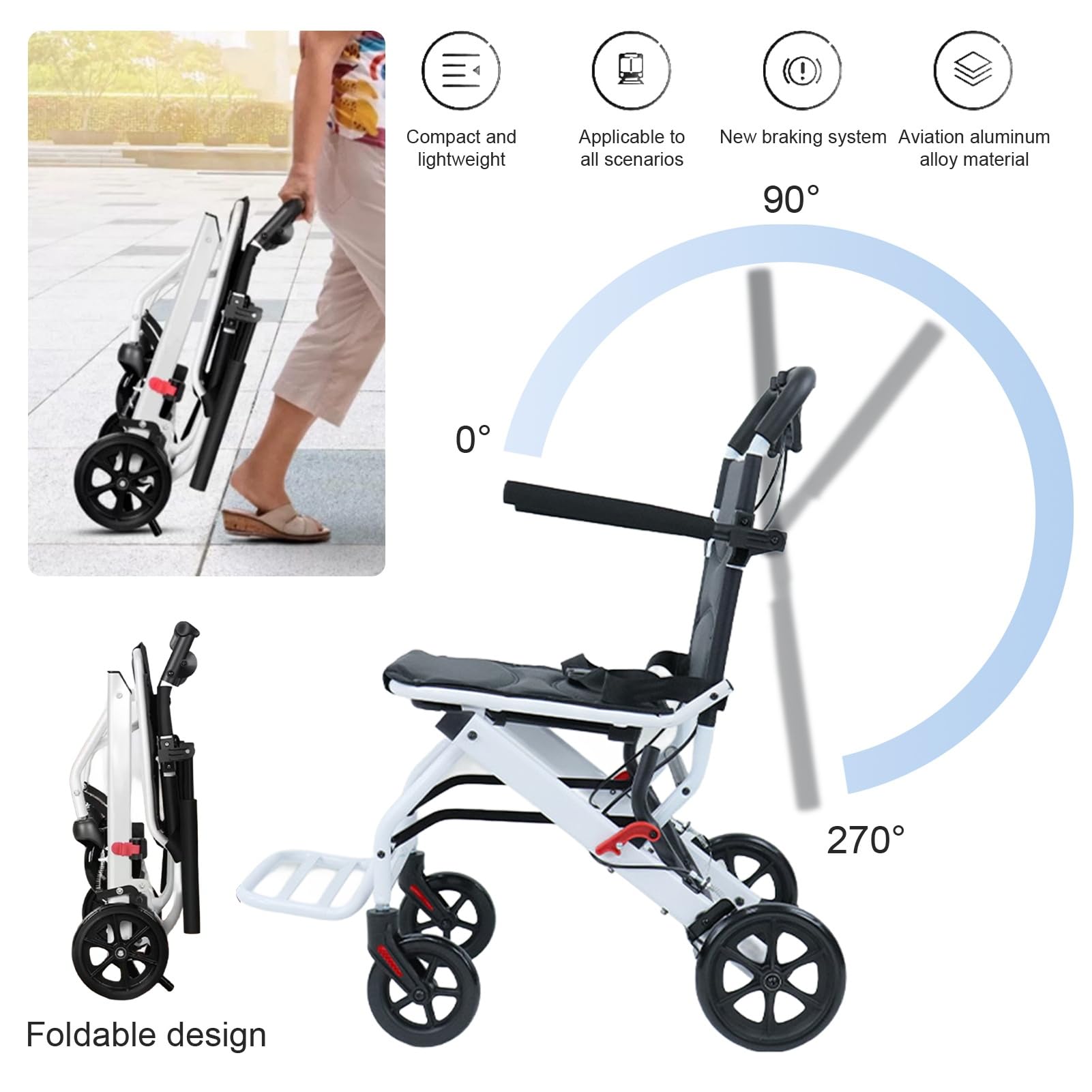 Lightweight Aluminum Folding Transport Wheelchair for Adults - Adjustable Safety Strap, PU Wheels & Ergonomic Design | Portable Travel Wheelchair for Airports, Hospitals, and Outdoor Use