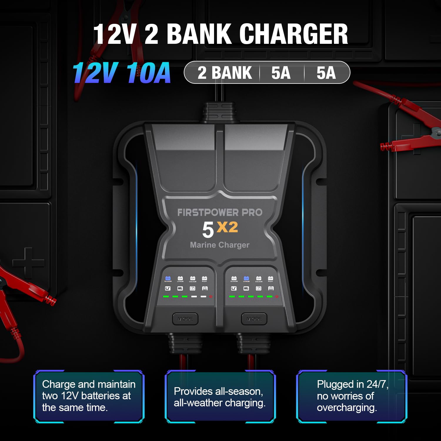 2 Bank Marine Battery Charger 10A (5A per Bank) - 12V Waterproof Onboard Charger for Boat, RV & Marine Batteries - Maintains & Desulfates SLA/AGM, Lithium (LiFePO4), Calcium & Deep-Cycle Batteries - Ideal for Continuous Charging on Boats, Yachts & RVs