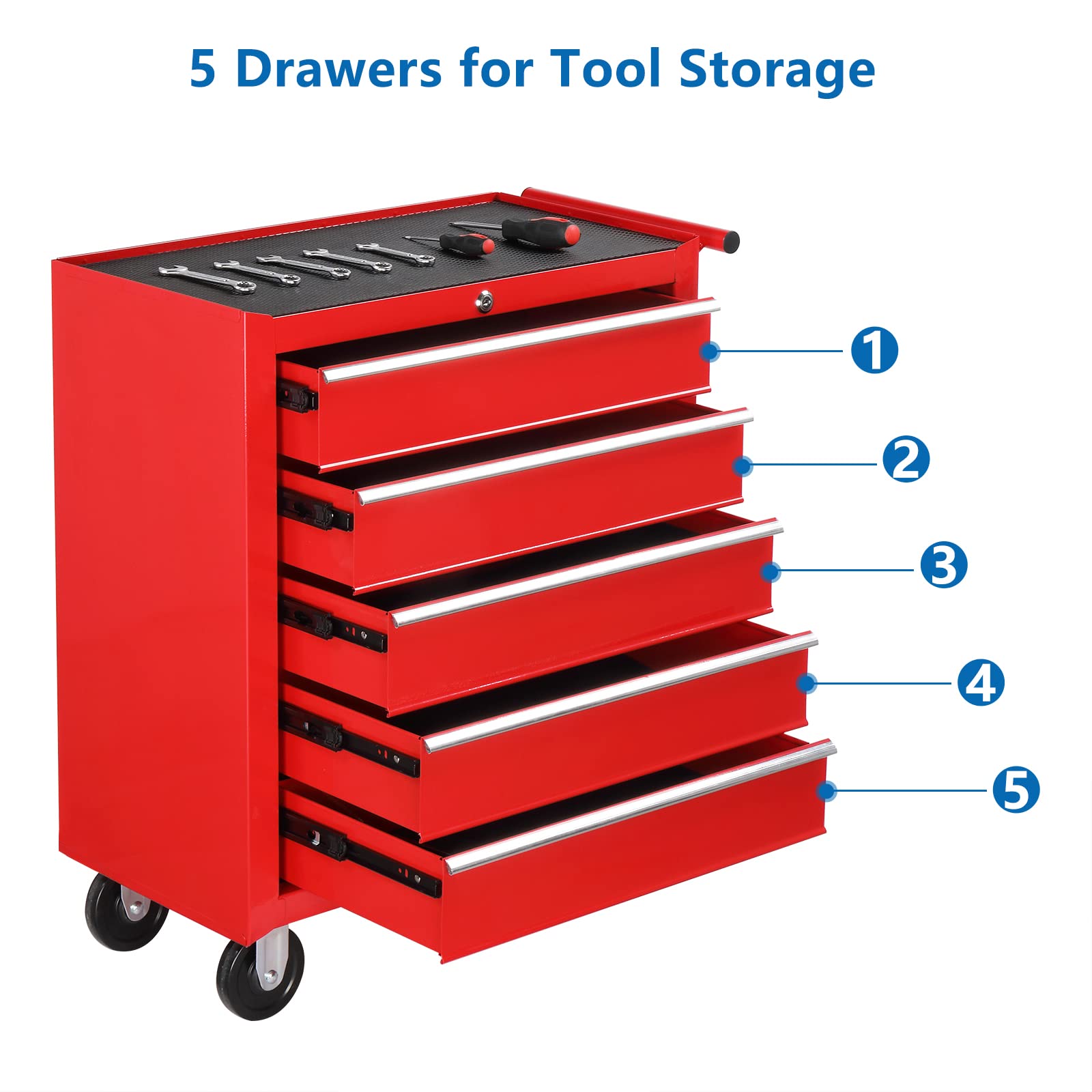 TUFFIOM 5-Drawer Rolling Tool Chest with Lockable Wheels & Drawer Liners - Heavy Duty Tool Storage Cabinet with Top Cushion - Perfect for Garage, Workshop, Auto Repair & Home Organization