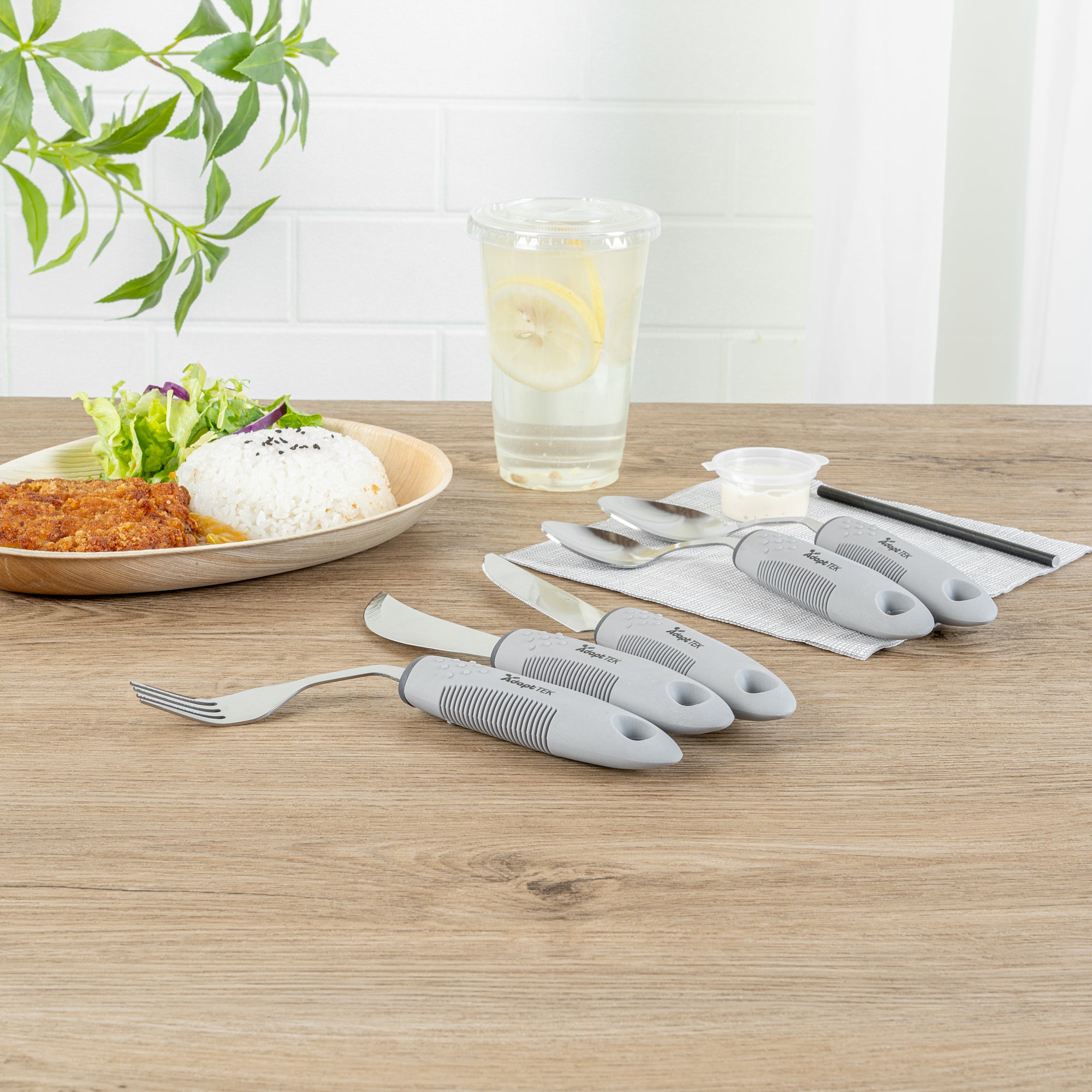 Adapt Tek Gray Stainless Steel 5-Piece Adaptive Offset Utensil Set for Right Hand - Lightweight, Non-Slip Grip (1 Count) - Ideal for Arthritis & Limited Mobility Users in Kitchen & Dining