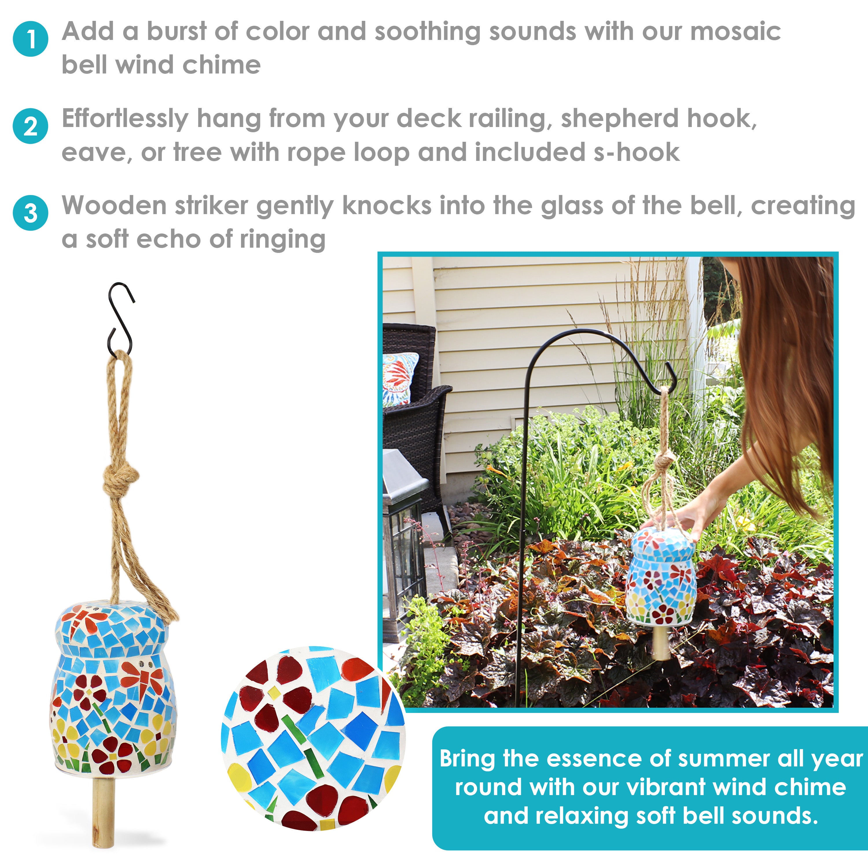 Sunnydaze Spring Flowers Mosaic Glass Wind Chime Bell - Outdoor Garden Decor for Patio, Porch & Backyard
