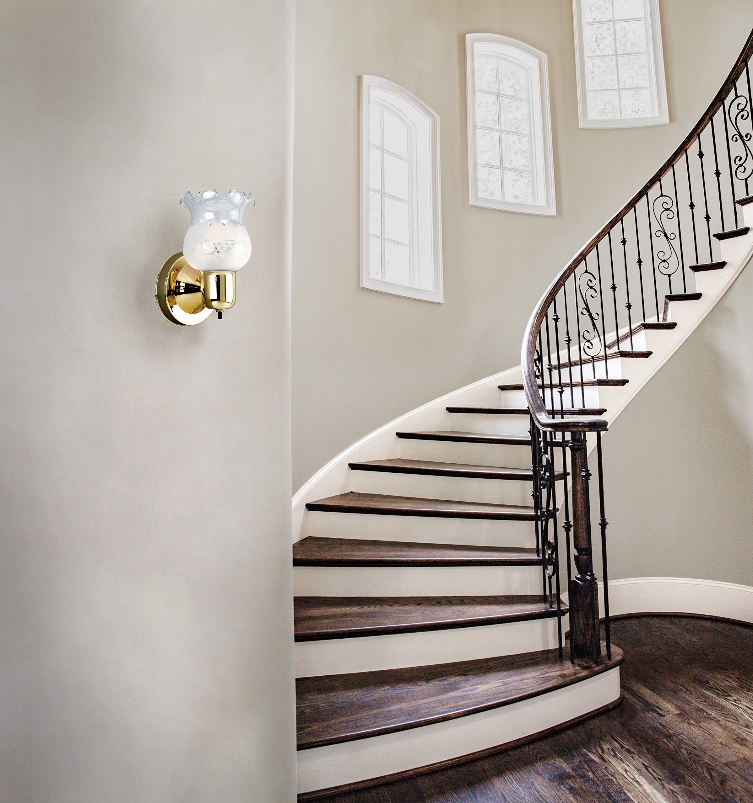 Design House 500975 Classic 1-Light Dimmable Wall Sconce - White Frosted Etched Glass Shade with Twist On/Off Switch - Polished Brass Finish - Perfect for Hallway, Foyer & Bathroom Lighting