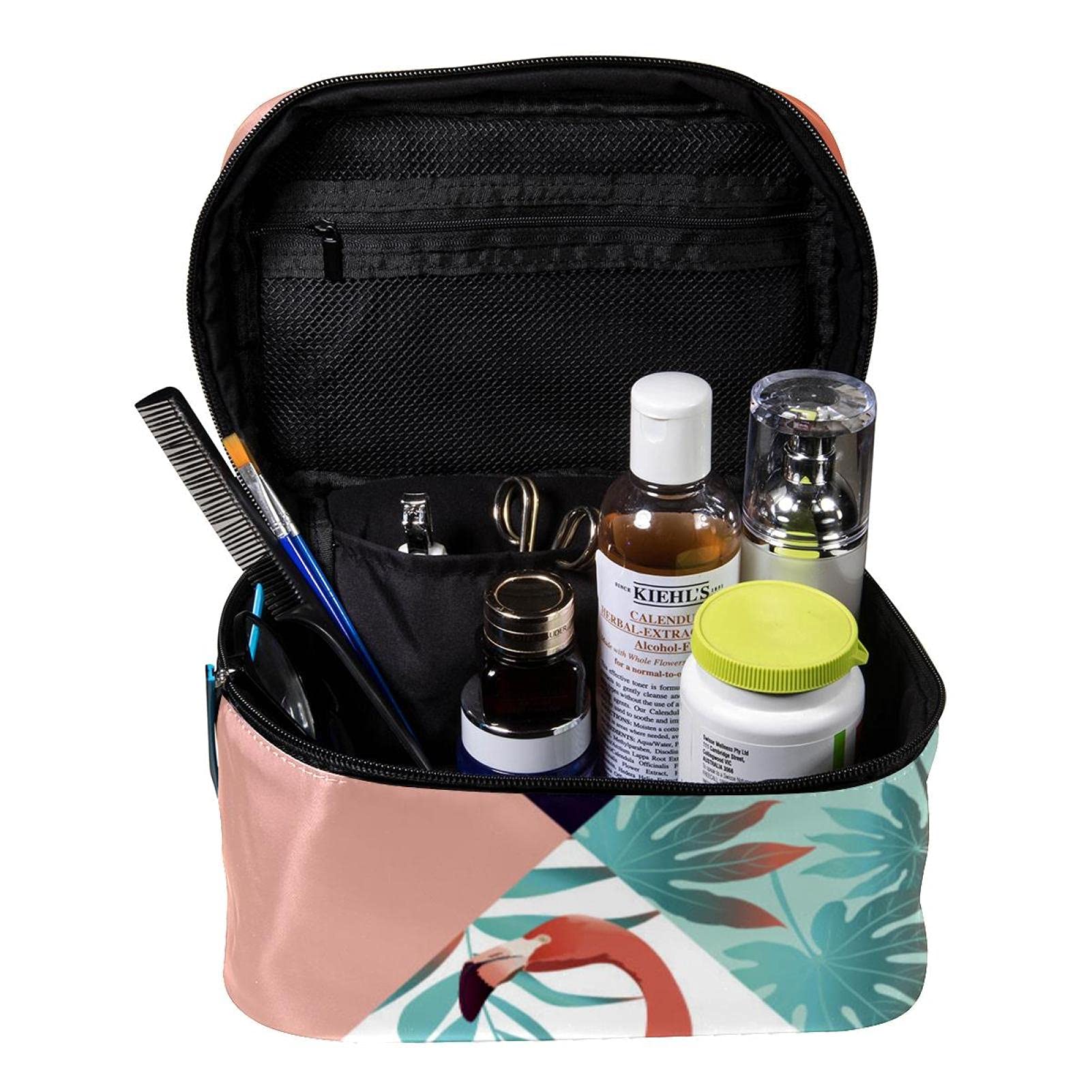 Stylish Geometric Flamingo & Palm Leaf Travel Makeup Bag - Large Cosmetic Organizer with Zipper for Women & Girls - Perfect for Vacations, Beach Trips & Gym Essentials