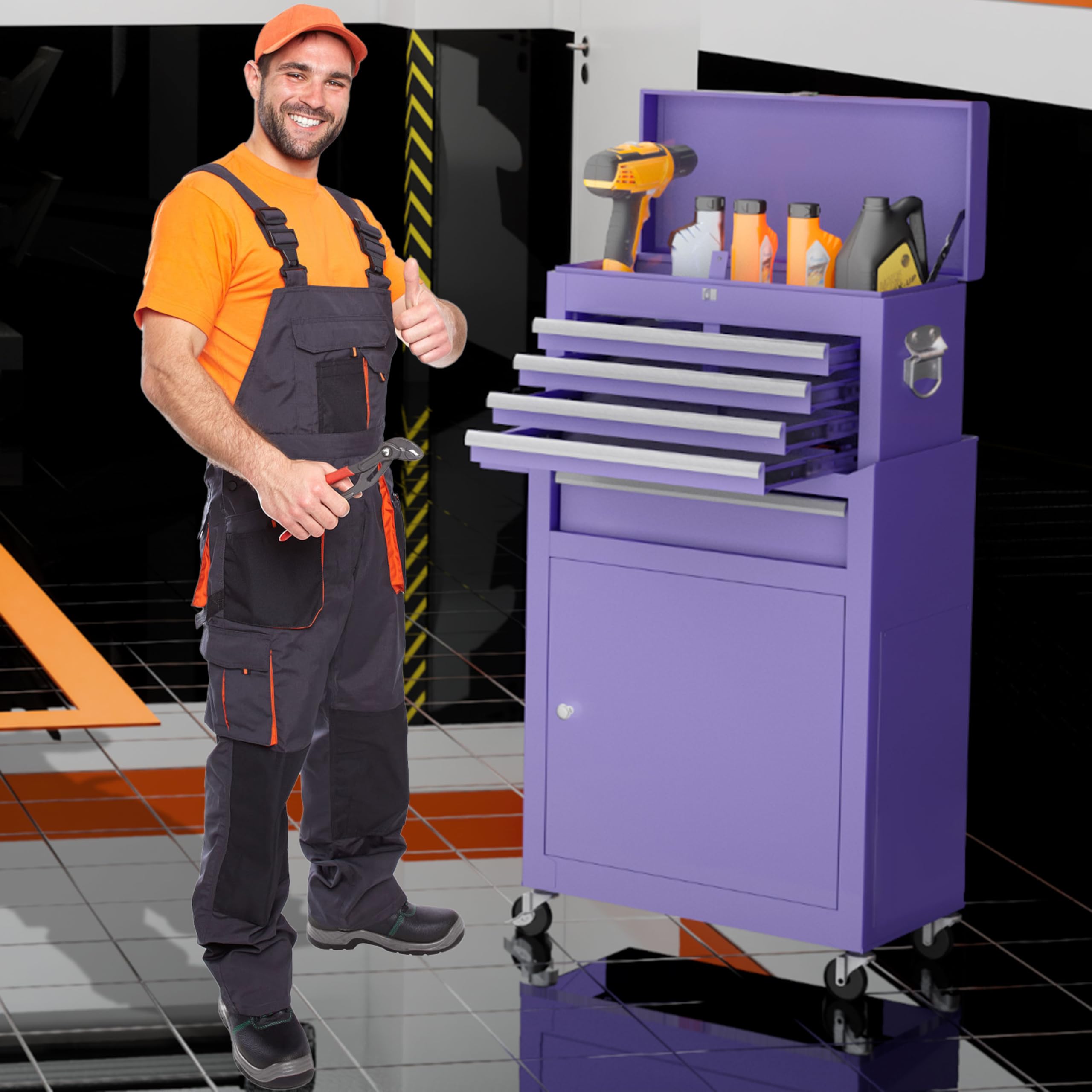 5-Drawer Rolling Tool Chest with Wheels & Lockable Top - Detachable Purple Metal Tool Cabinet for Garage, Warehouse, Workshop & Repair Shop - Perfect for Organizing Tools & DIY Projects