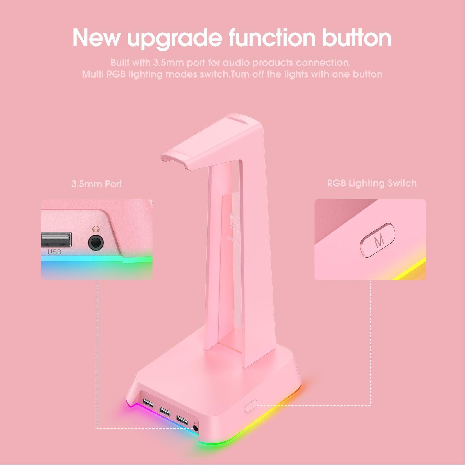 ONIKUMA ST2 RGB Gaming Headphone Stand with 3 USB Ports & 3.5mm AUX Jack - Perfect for PC Gaming Setup, Streaming Studio & Office Workspace