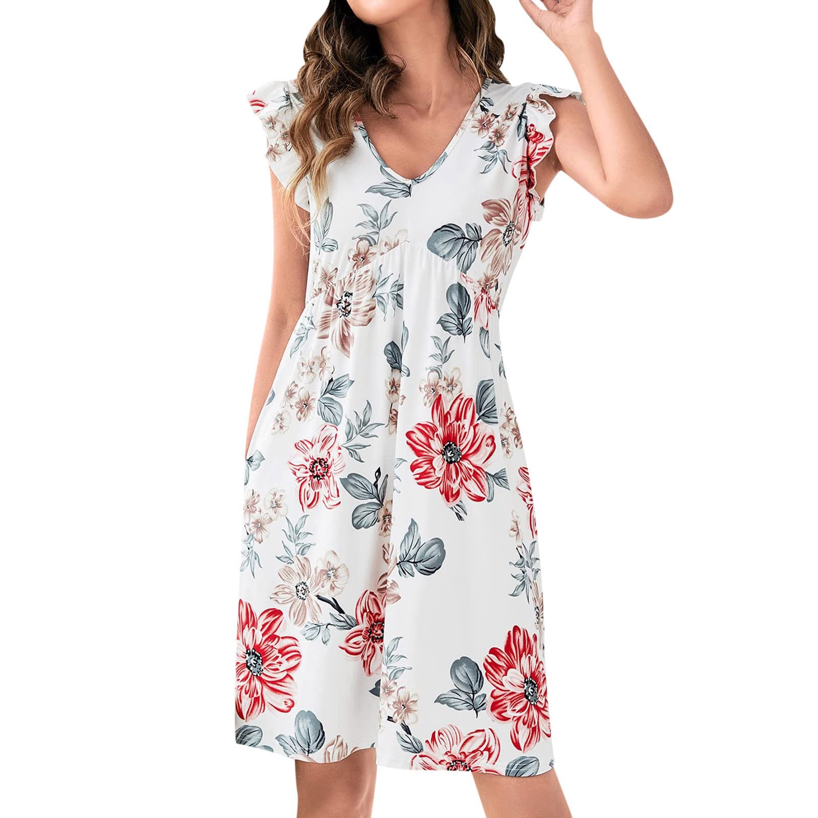 Women's Summer Dresses - Casual Loose Fit Shirt Dress with Ruffle Sleeves & V-Neck | Flowy Pocket Dress for Beach, Vacation & Date Night | Sexy Feminine Summer Outfits