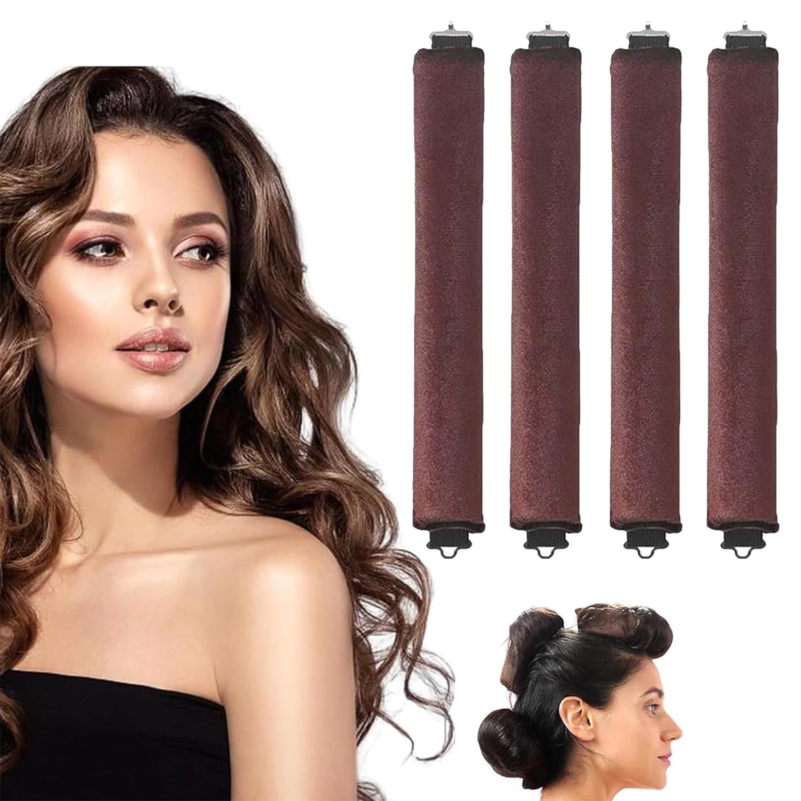 4Pcs Heatless Hair Curlers Set for Women - No Heat Curling Rods for All Hair Types, Easy to Use Sleep Curlers for Big Waves & Natural Curls (Brown) | Perfect for Overnight Styling, Travel & Damage-Free Hair Care