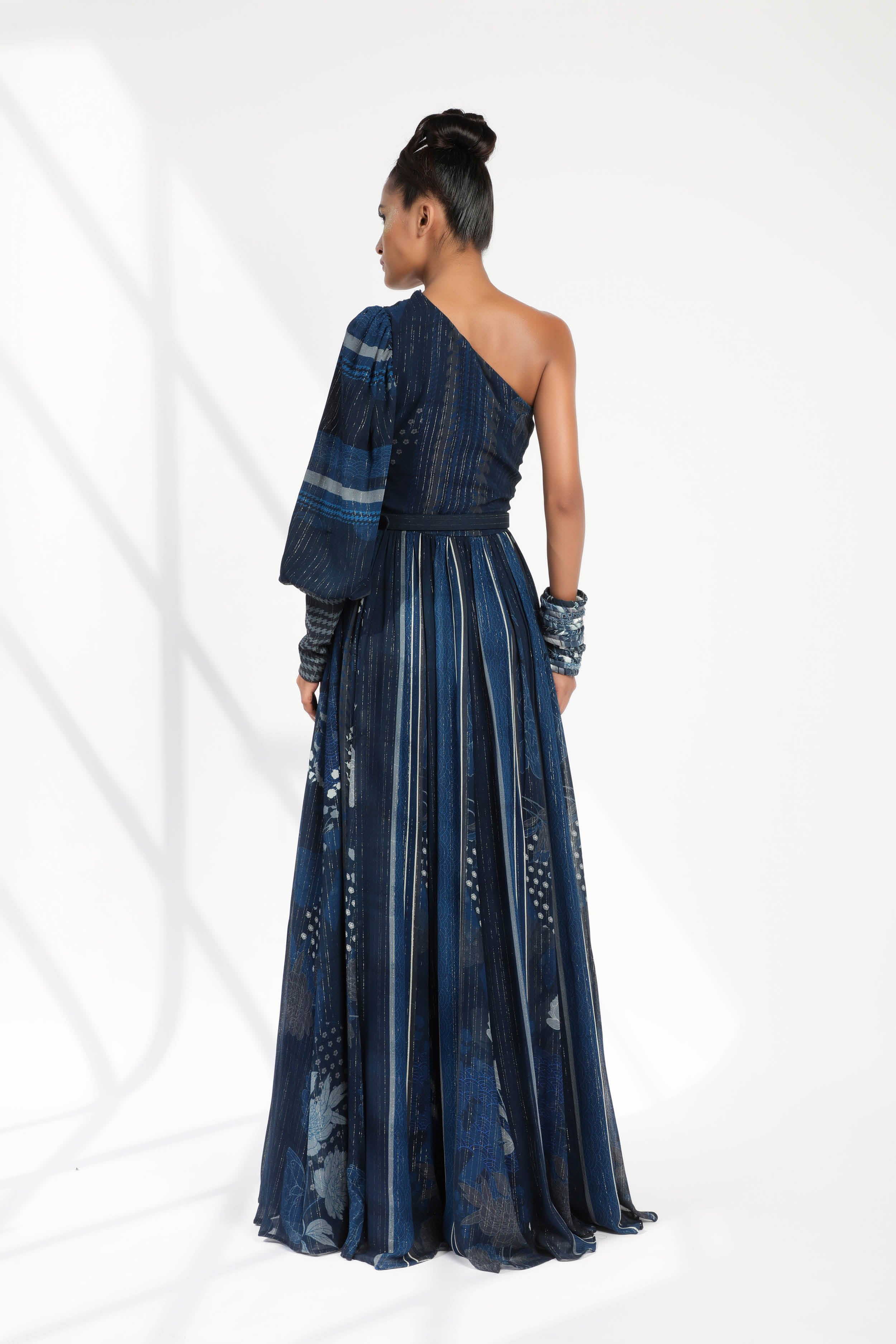 Elegant Indigo Blue Floral Print One Shoulder Dress with Adjustable Belt - Perfect for Cocktail Parties, Date Nights & Summer Weddings