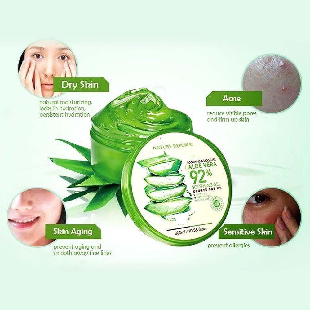 Nature Republic Aloe Vera 92% Soothing Gel - 10.56 Fl Oz for Face, Body & Hair - Hydrating Moisturizer for Sunburn Relief, Skin Care & After Shave - Vegan & Cruelty-Free