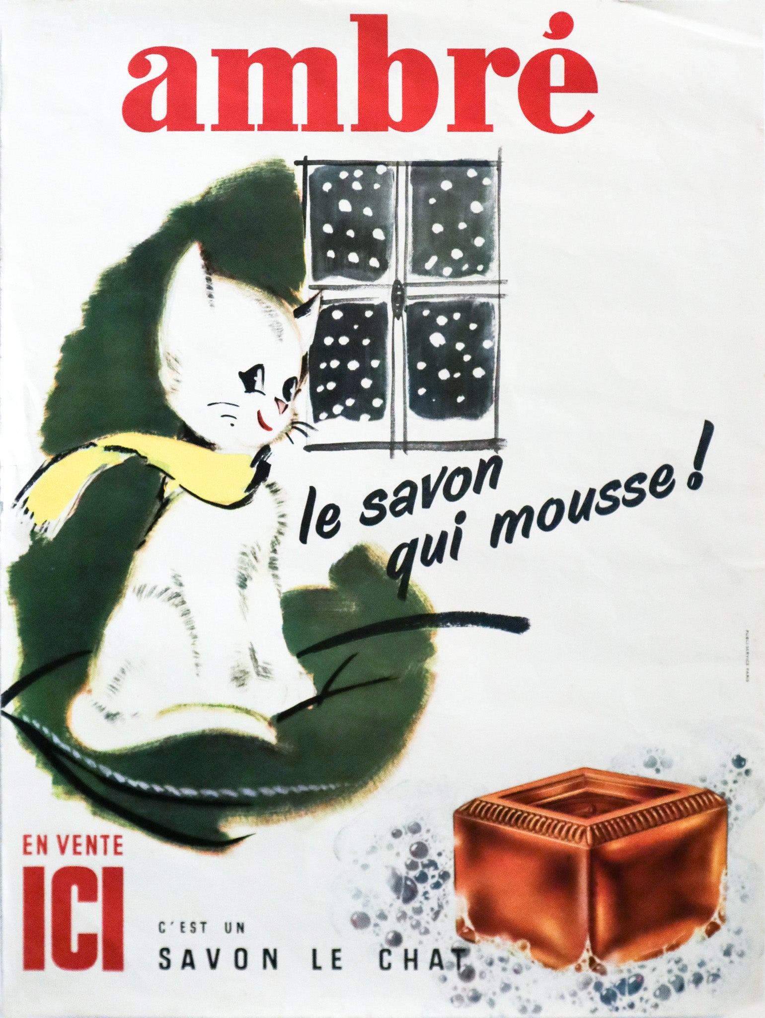 Vintage 1940s French Soap Advertisement Poster - Ambré Le Chat (The Foaming Soap) Window Scene Art - Perfect for Retro Home Decor & Collectors