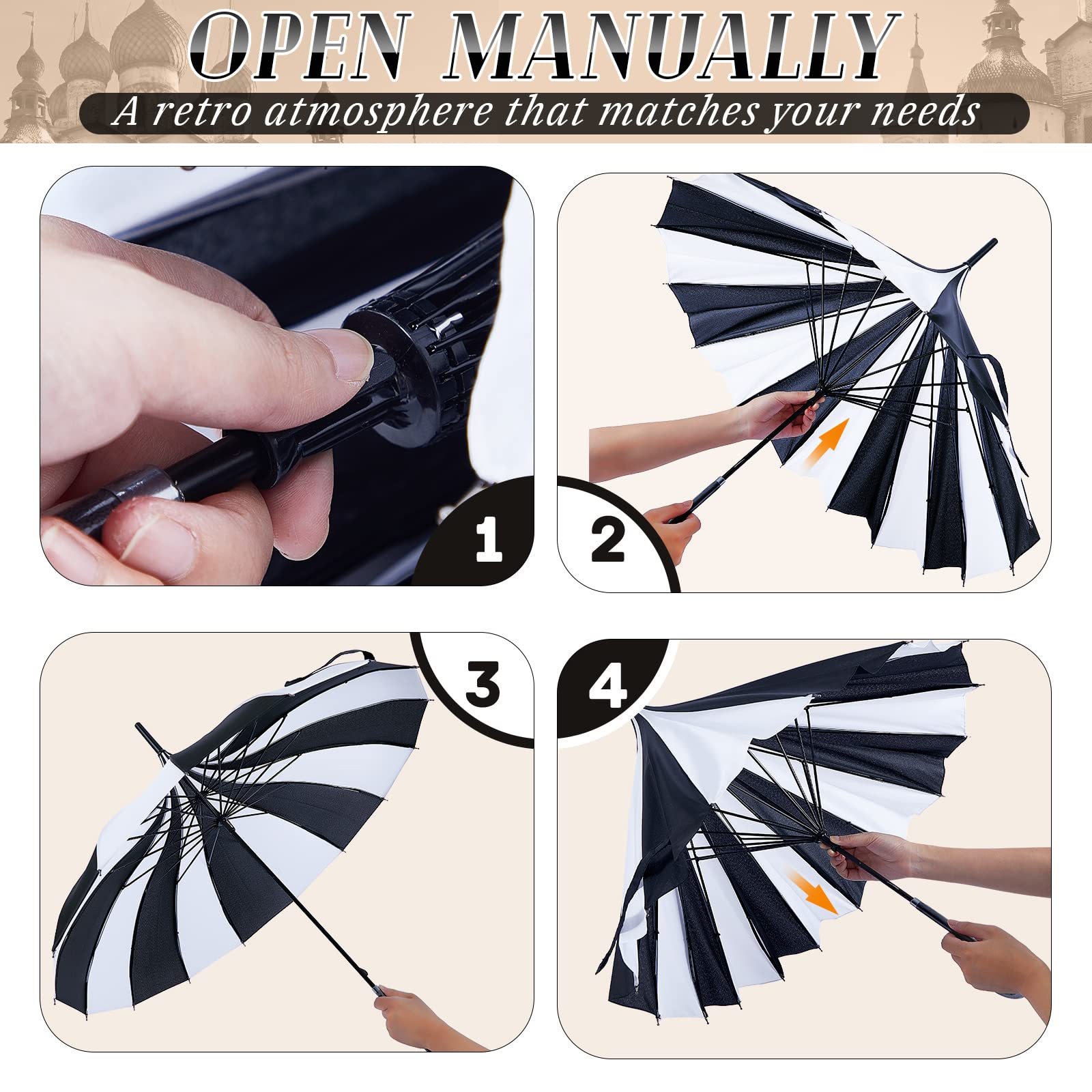 4 Pack Gothic Pagoda Umbrella - Large Black & White Sun Protection Parasol with Long Handle for Women | UV Protection Outdoor Umbrella for Beach, Garden & Gothic Fashion Accessory