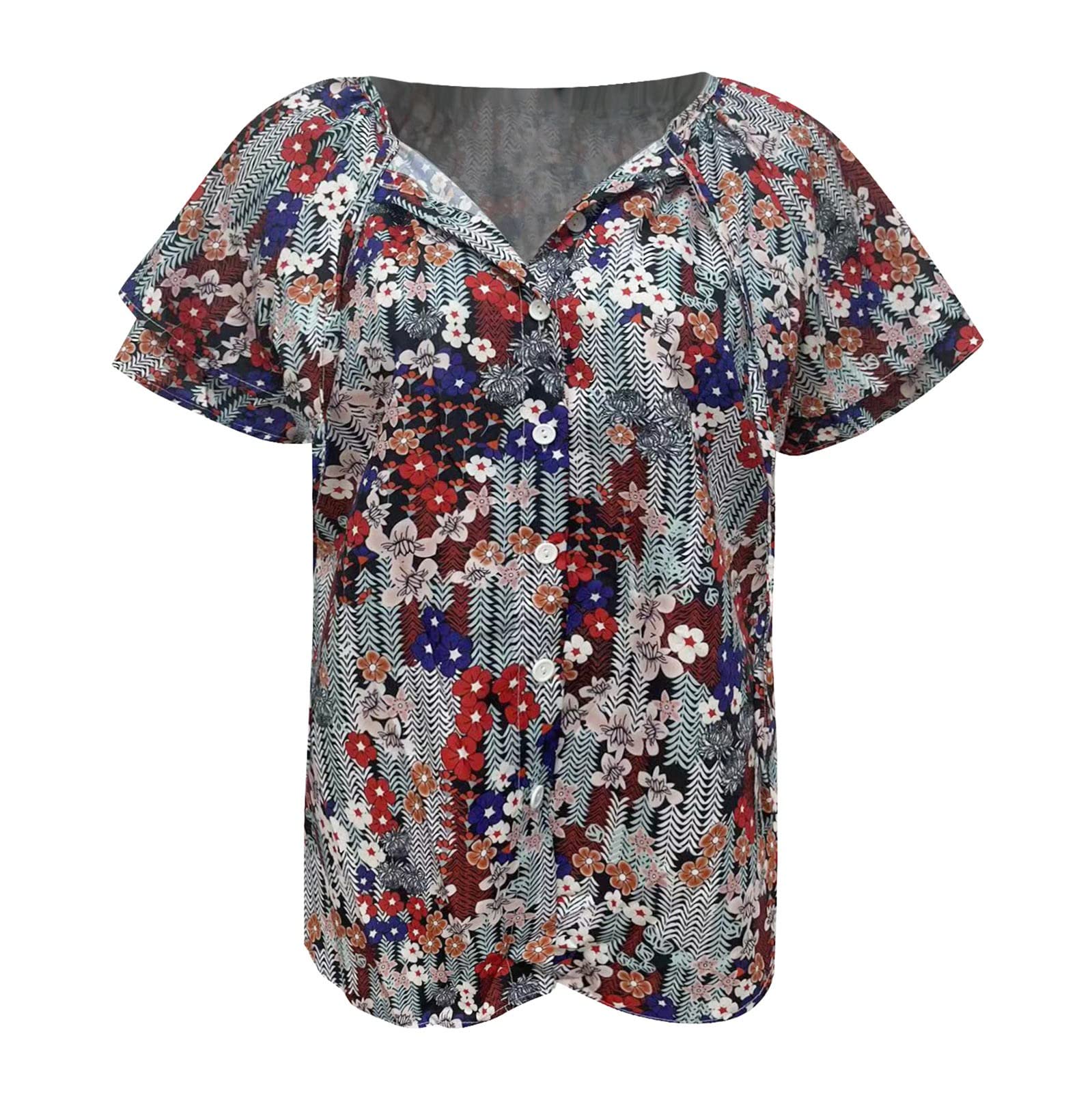 Women's Floral Print V-Neck Tunic Top - Slim Fit Blouse with Ruffle Short Sleeves - Casual Loose T-Shirt for Summer, Work & Everyday Wear