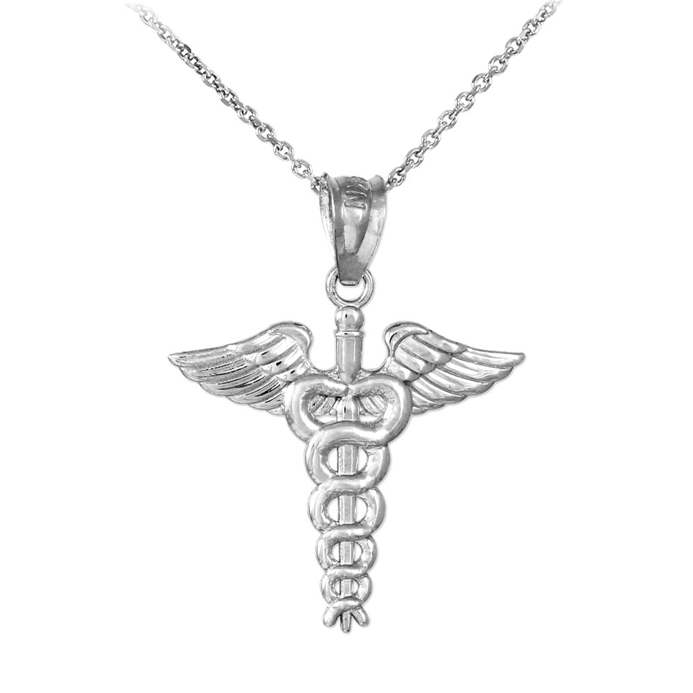 14K White Gold Caduceus Pendant Necklace - 22