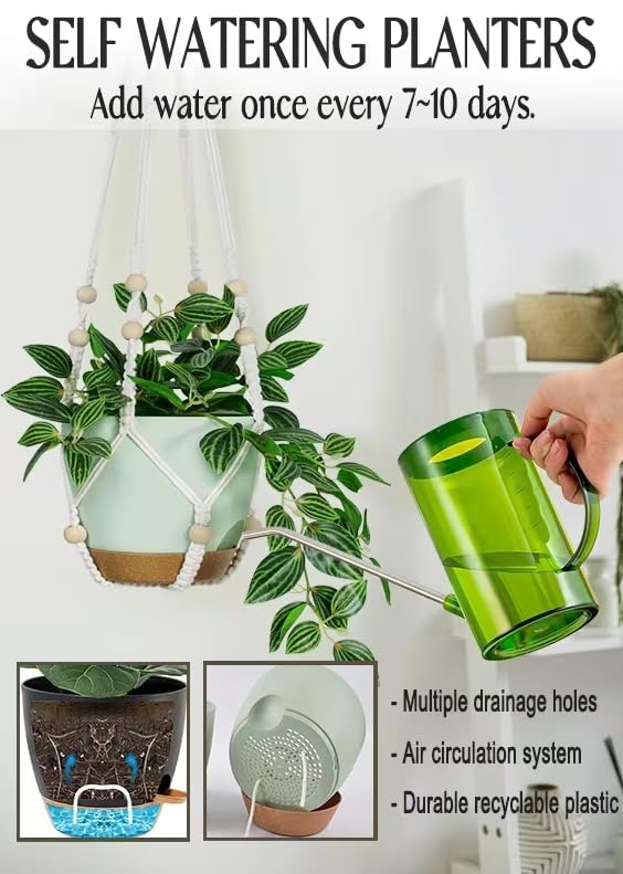 Self Watering Hanging Planters for Indoor Plants - 3 Pack Macrame Plant Hangers with Drainage Holes, Pots & Hooks - Perfect for Home, Garden, Balcony & Office Decor - Ideal for Pothos, Spider Plants & Succulents