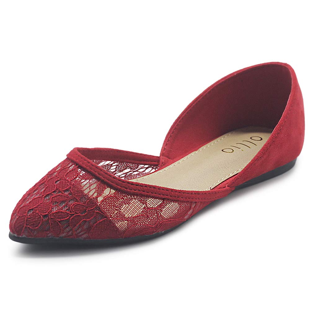 Ollio Women's Ballet Flats - Faux Suede Floral Lace Pointed Toe Shoes | Breathable Mesh Design for Comfort | Perfect for Work, Weddings & Casual Outfits