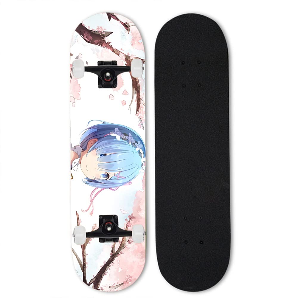 Re:Zero Rem Anime Skateboard - Professional 4-Wheel Maple Deck Double Kick Concave Street Skateboard for Outdoor Sports & Tricks | Perfect for Anime Fans, Skate Parks & Urban Riding