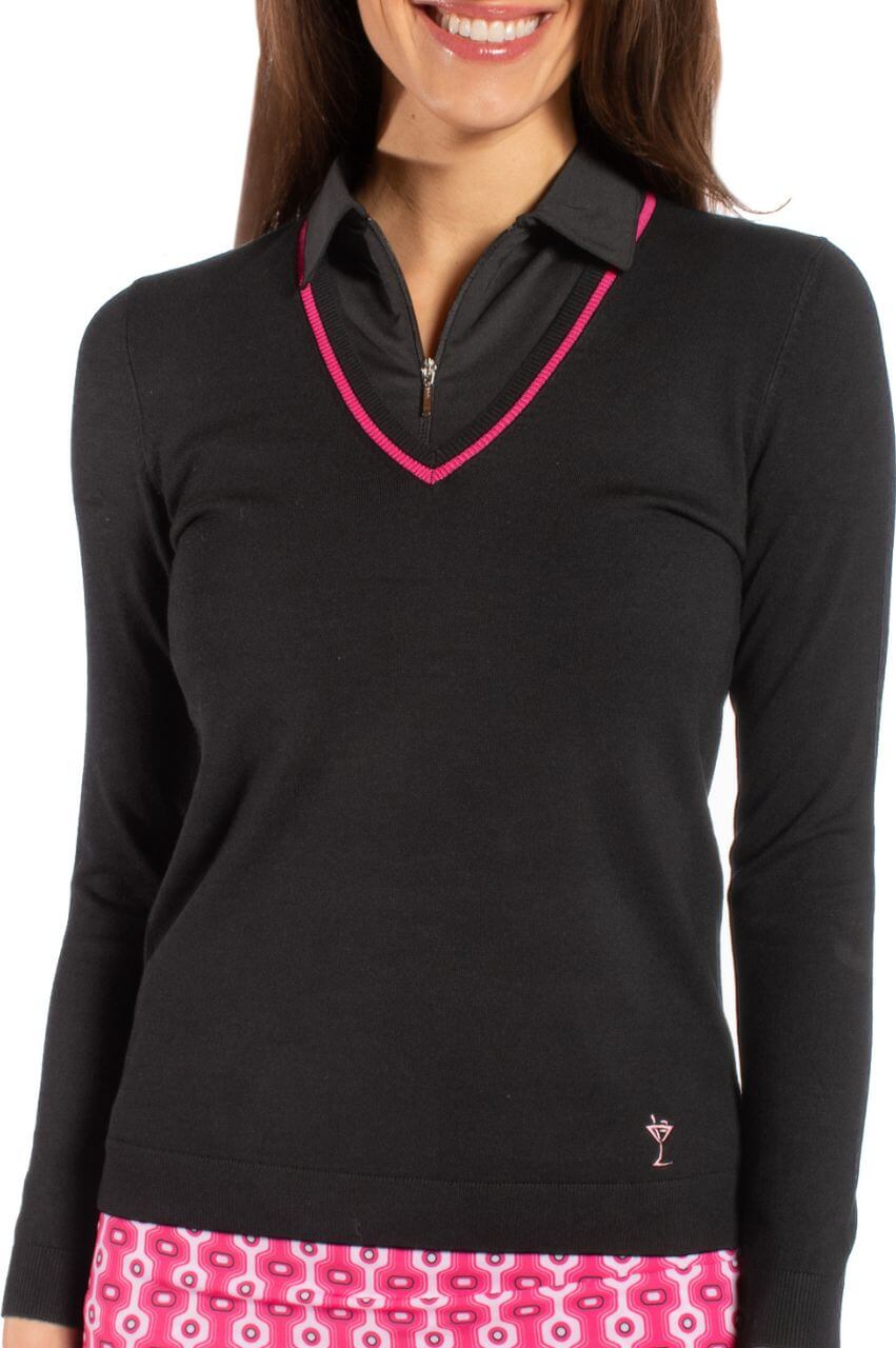 Stylish Black & Hot Pink Stretch V-Neck Sweater for Women | Soft Comfortable Pullover | Perfect for Casual Wear, Office & Date Nights