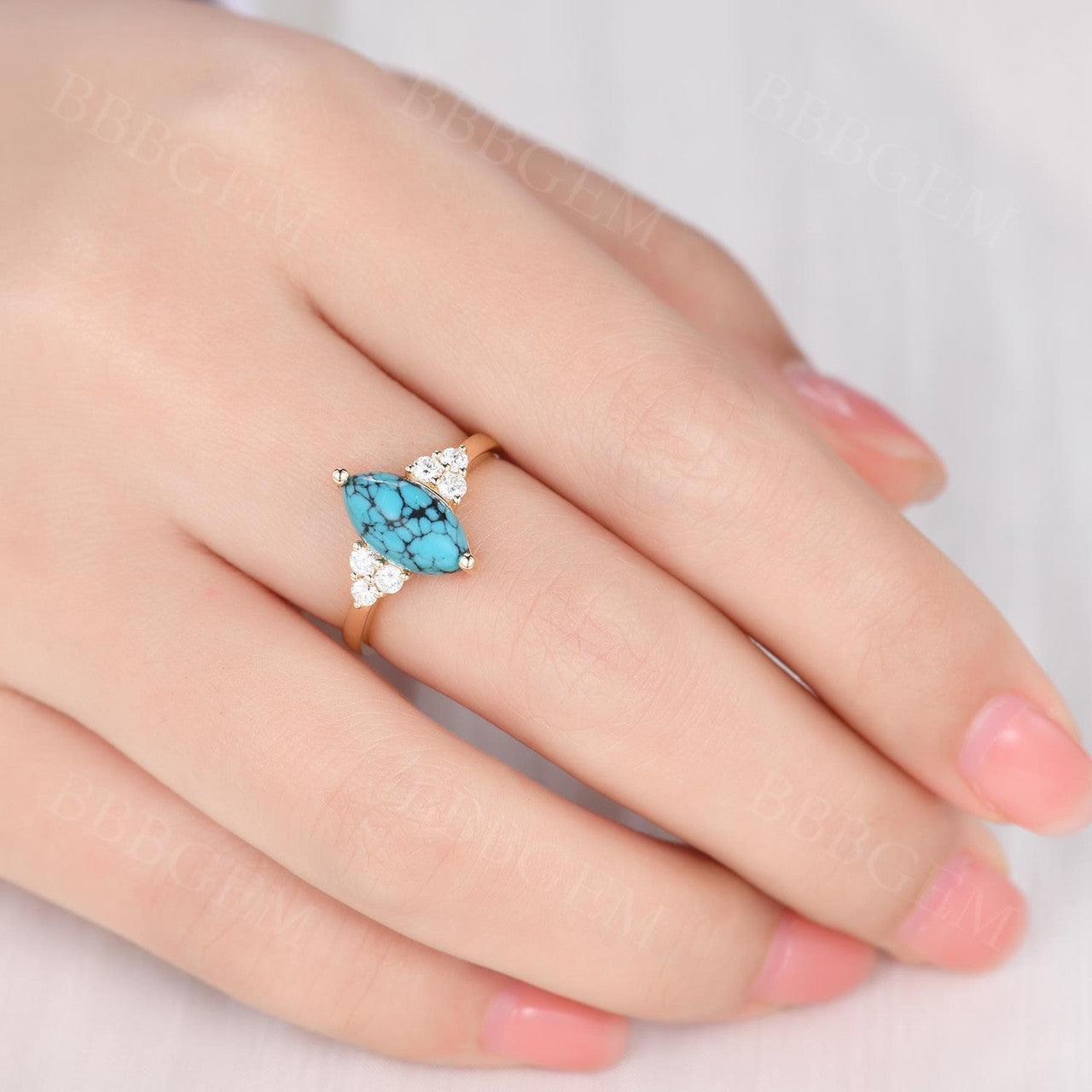 Marquise Turquoise Engagement Ring with Three Diamond Side Stones in 14k Gold Band - Perfect for Proposals, Weddings & Anniversary Gifts